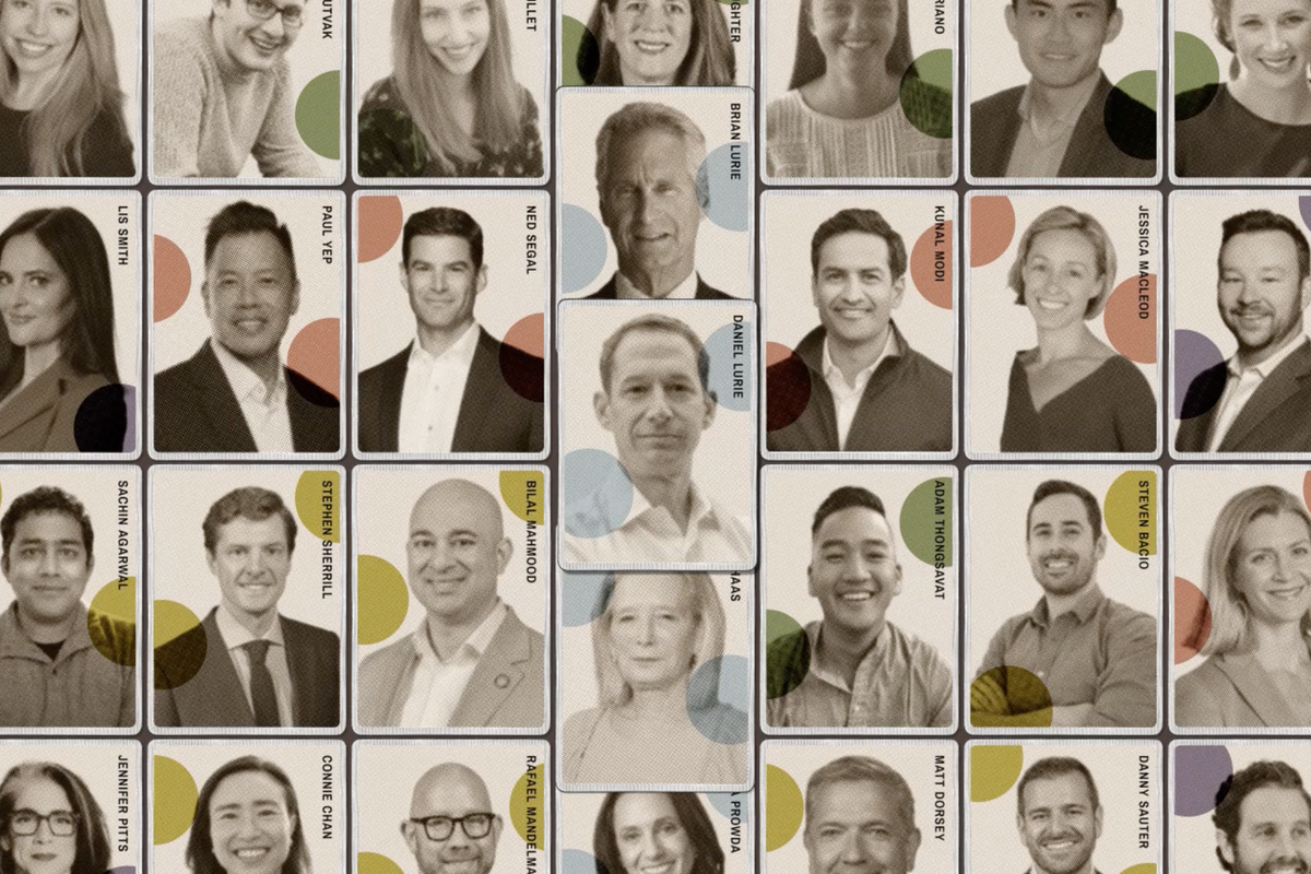 Portraits of diverse professionals arranged in a grid, each labeled with names and some with colored circular accents behind.