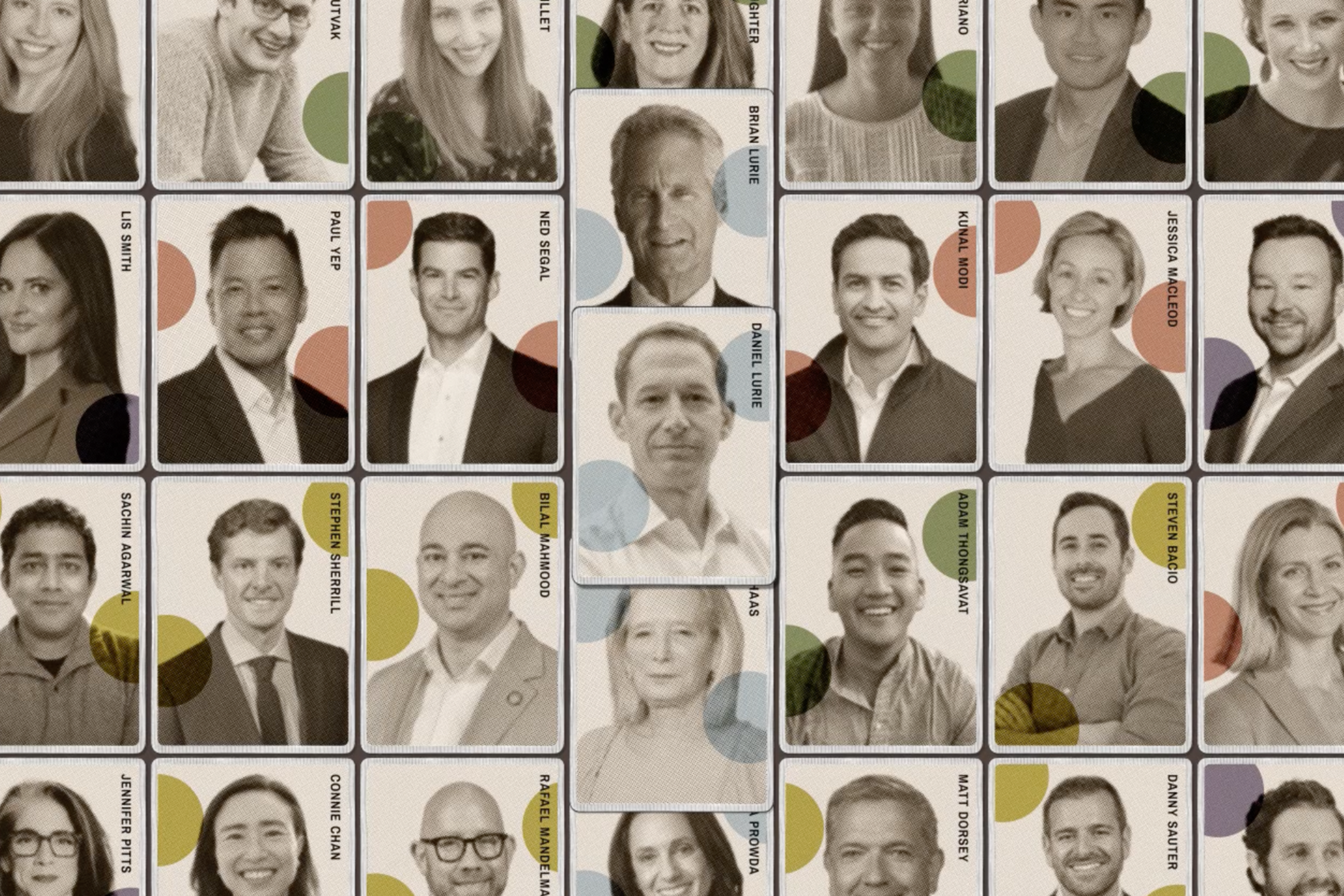 Portraits of diverse professionals arranged in a grid, each labeled with names and some with colored circular accents behind.