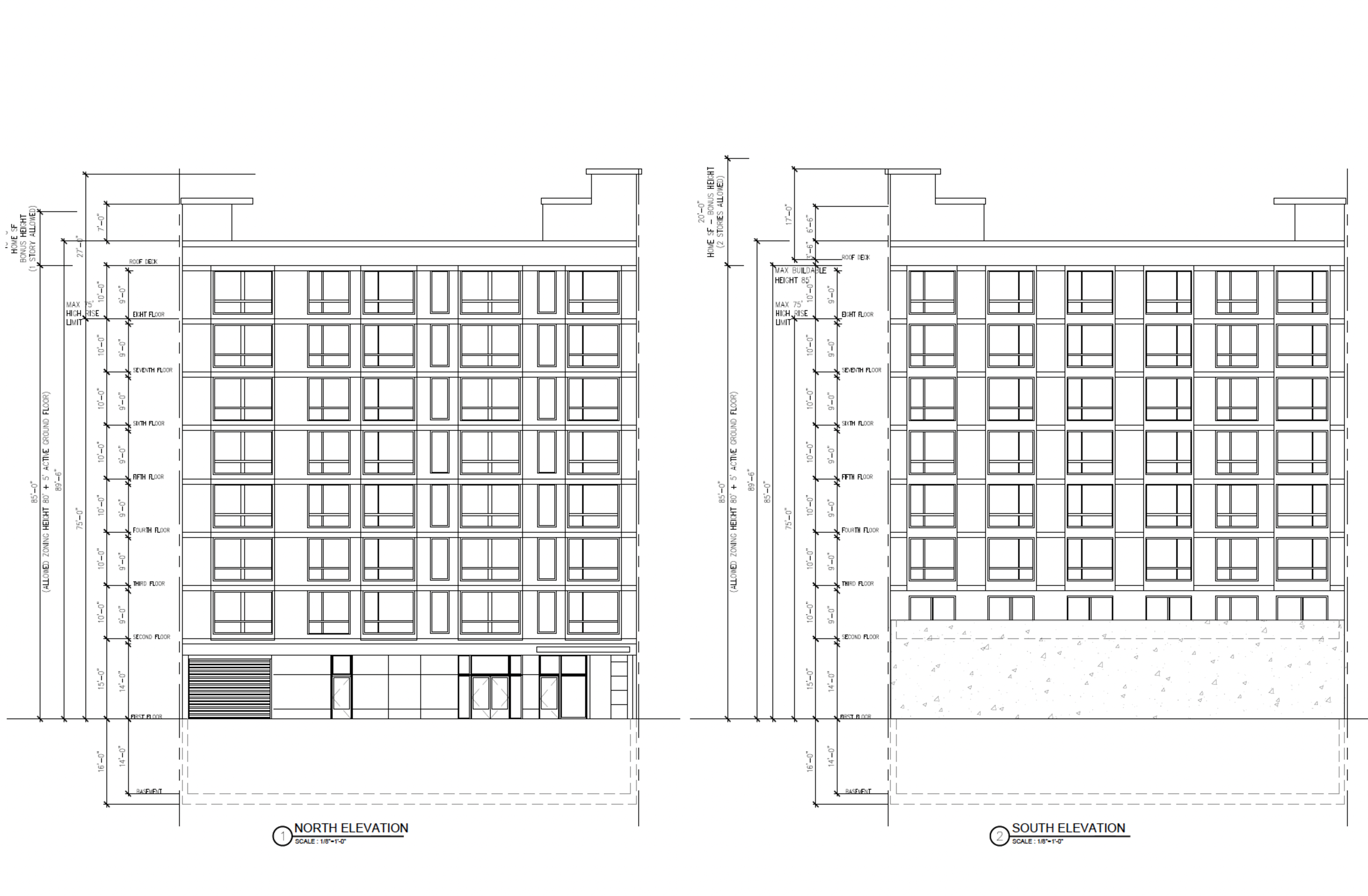 Architectural drawings show north and south elevation views of a six-story building with detailed window placements and entry points.