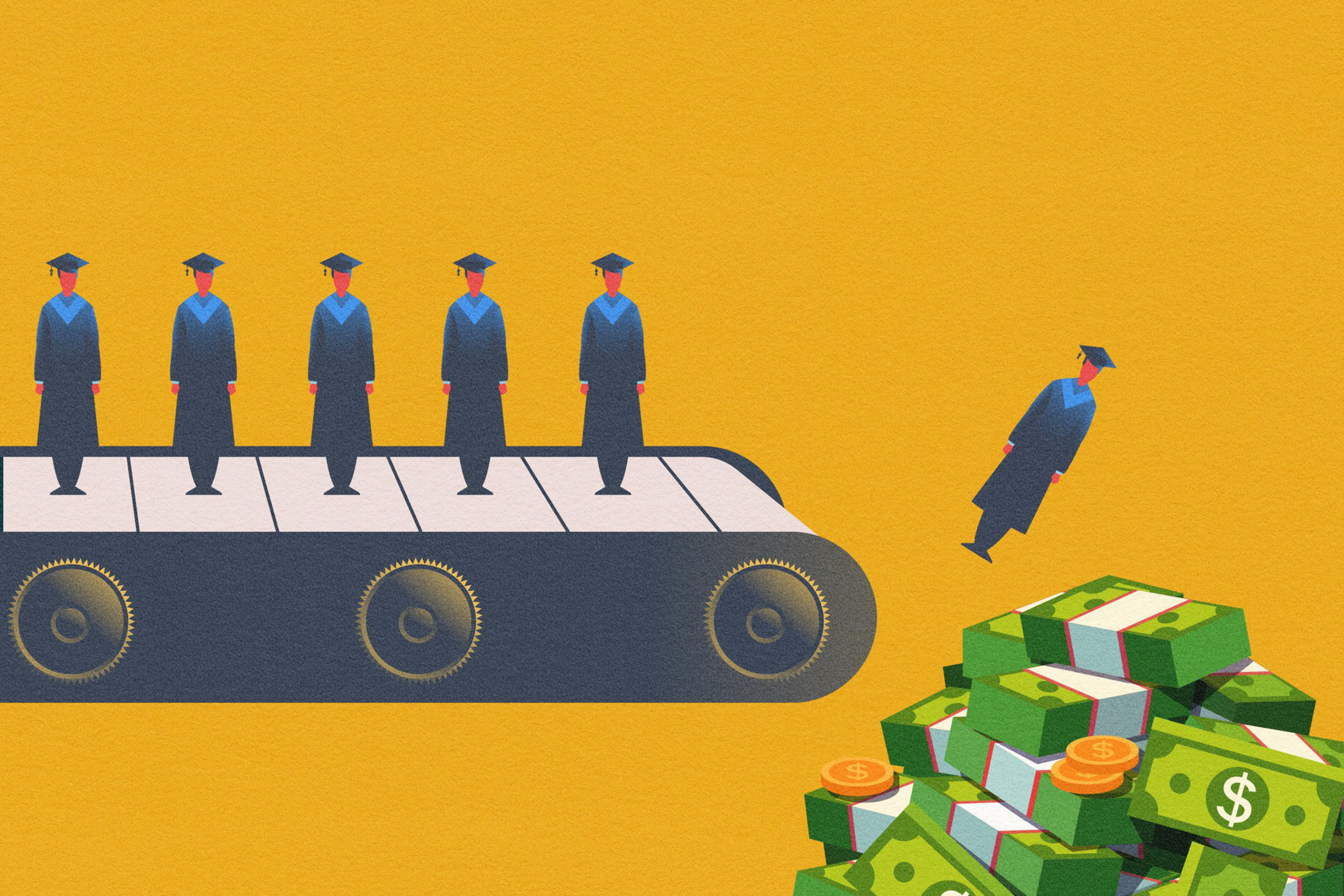 A conveyor belt of graduates landing on a pile of money