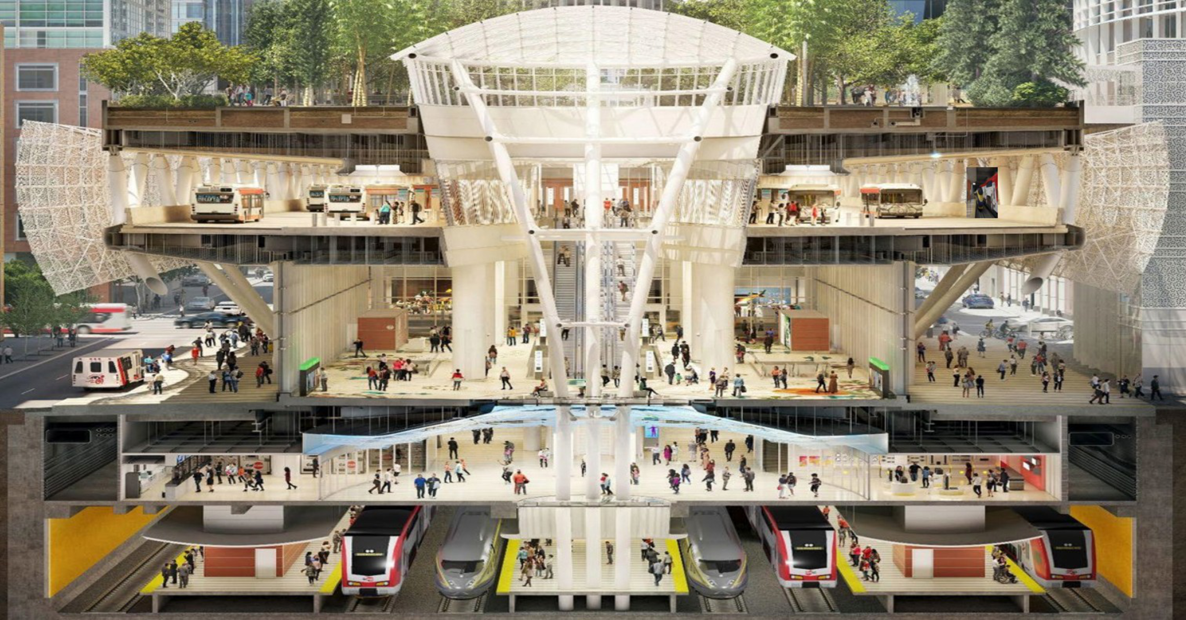A multi-level transit hub with buses on upper levels, people walking on middle levels, and trains on the underground platforms.