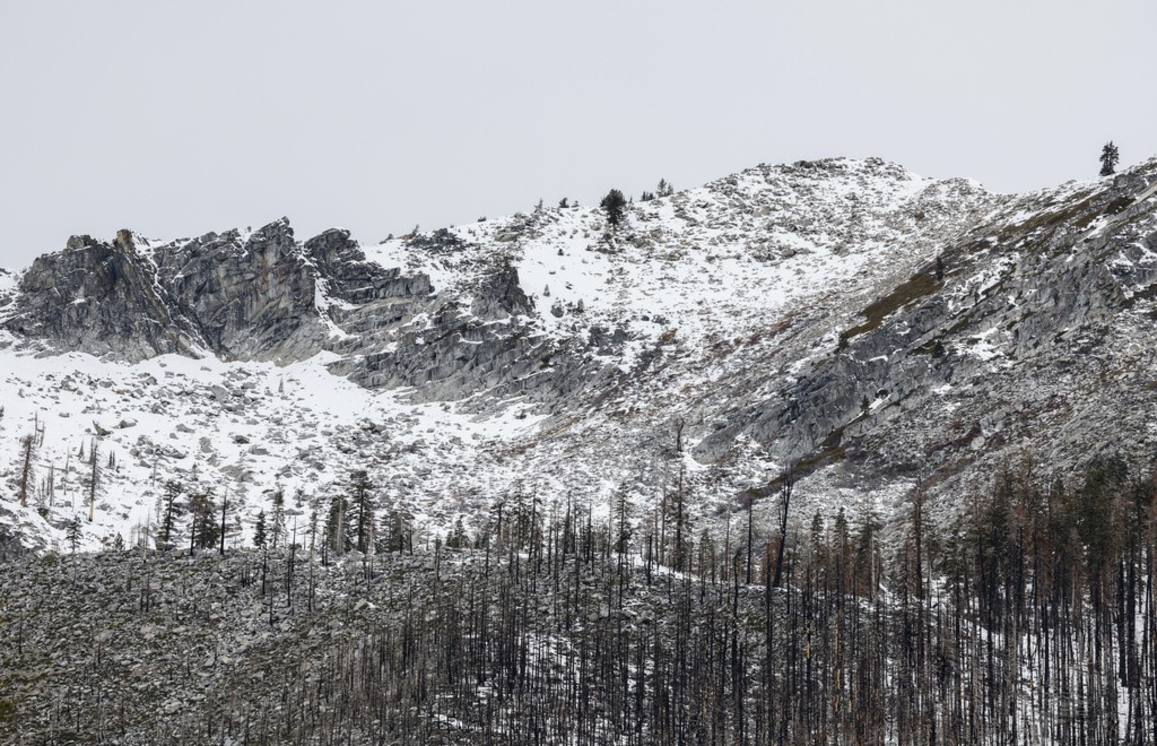 The snow level on a mountain peak is seen near the meadow where the first snow survey of the year took place in Phillips Station, California.