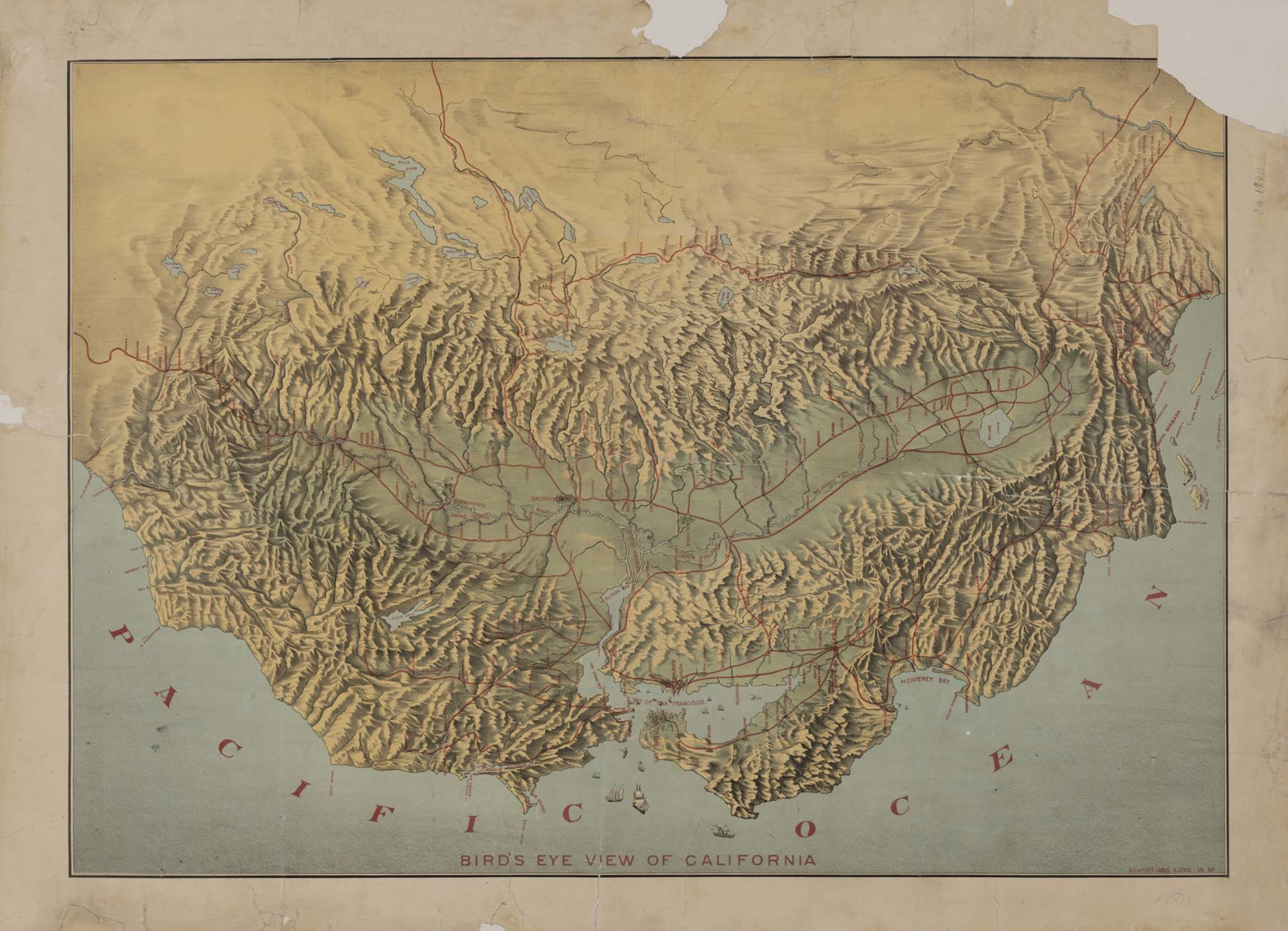 A vintage bird’s eye view map of California’s coast shows mountainous terrain, valleys, lakes, and marked roads, with "Pacific Ocean" labeled along the shore.