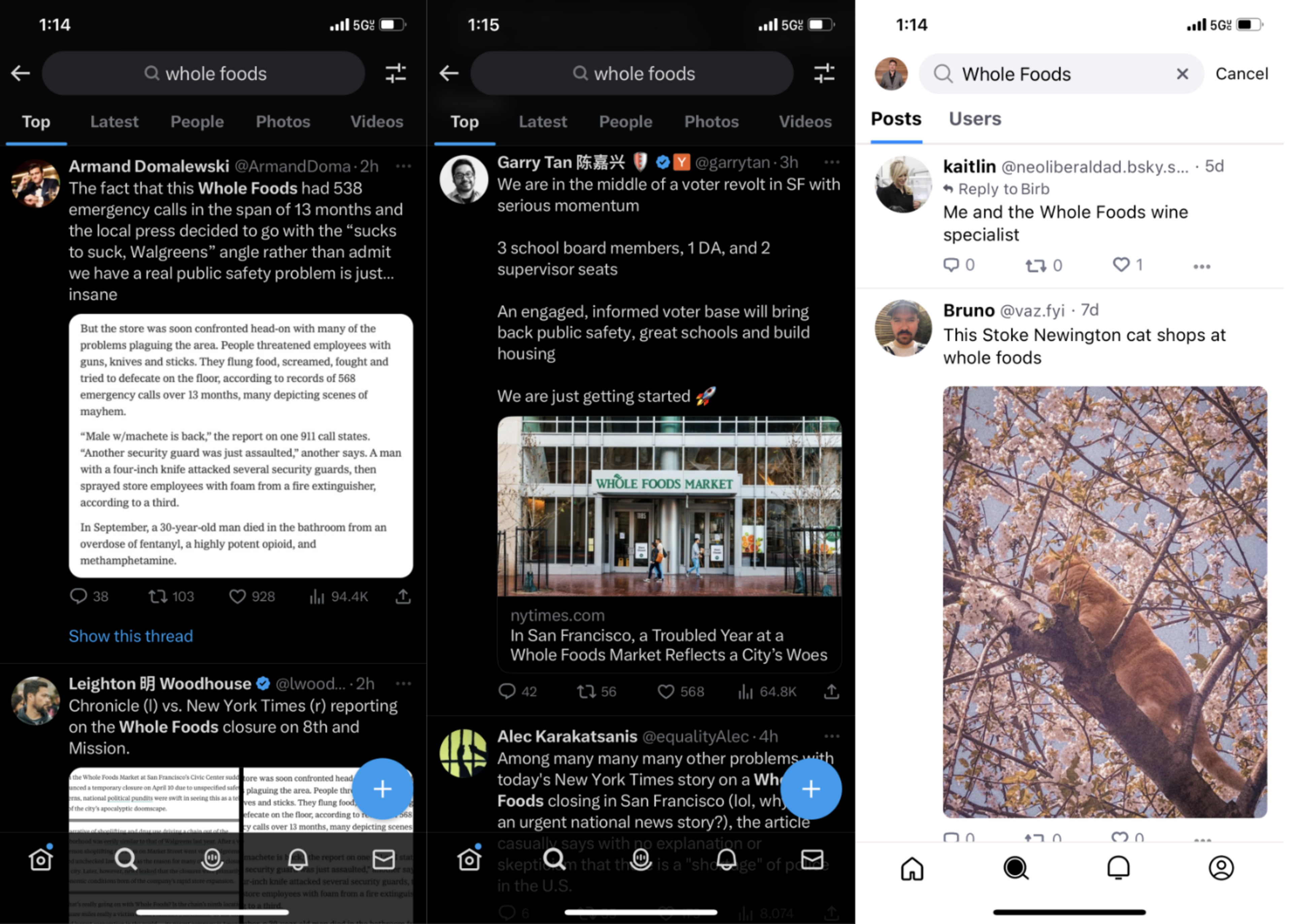 Tweets discuss serious issues at Whole Foods including 538 emergency calls in 13 months, voter revolt in SF for change, and social media posts about customers and cats.