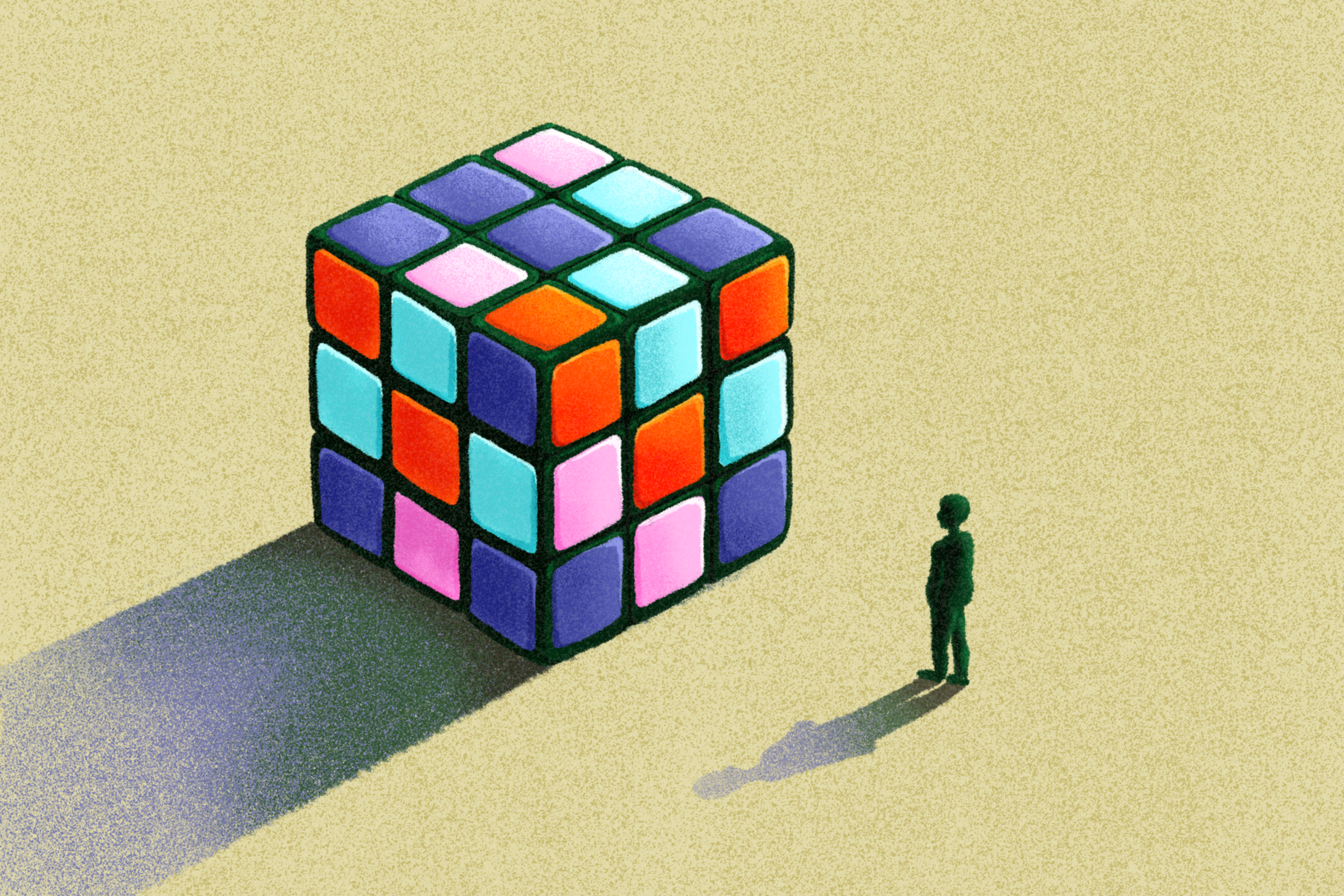 An illustration depicting a rubiks cube with a figure standing next to it.