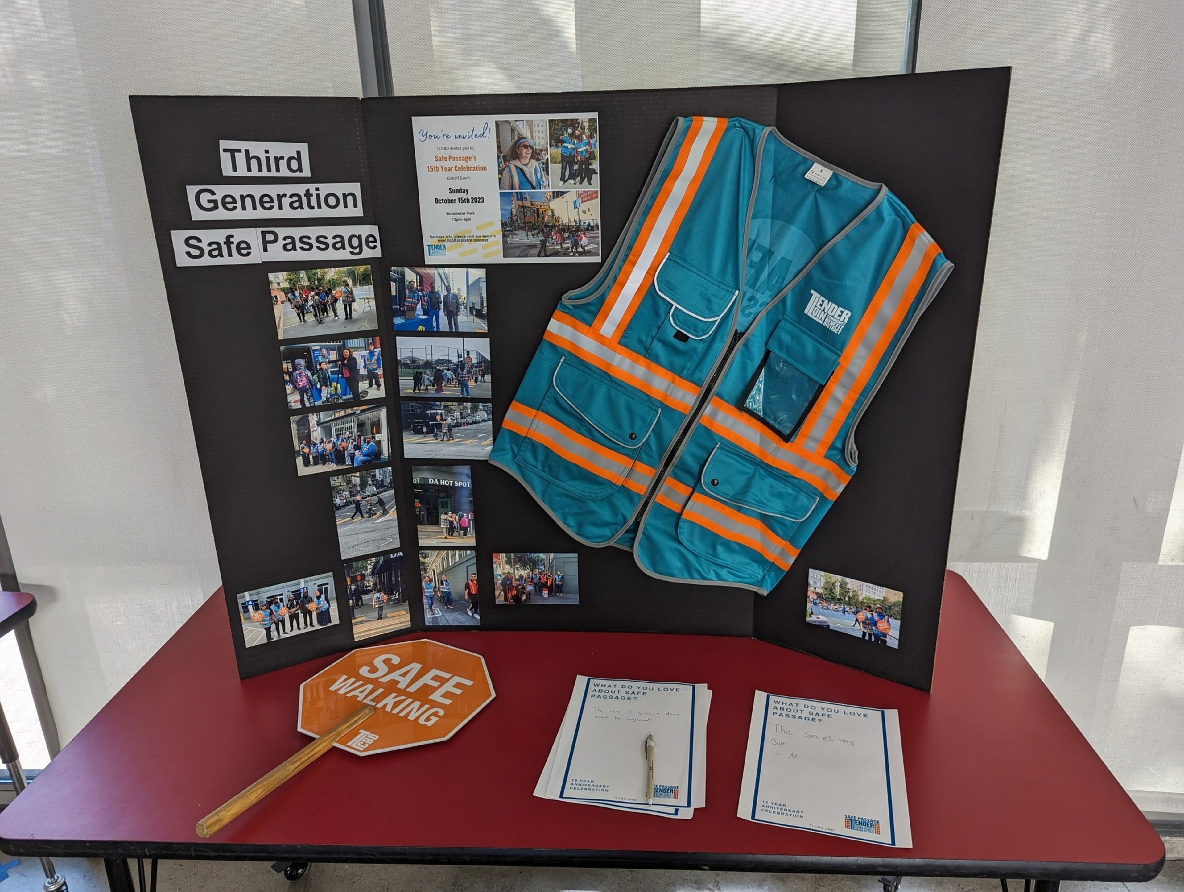 A booth displays shows the tools of the trade for &quot;corner captains&quot; at a community gathering Sunday at Boeddeker Park's clubhouse in the city's Tenderloin neighbhood Sunday.