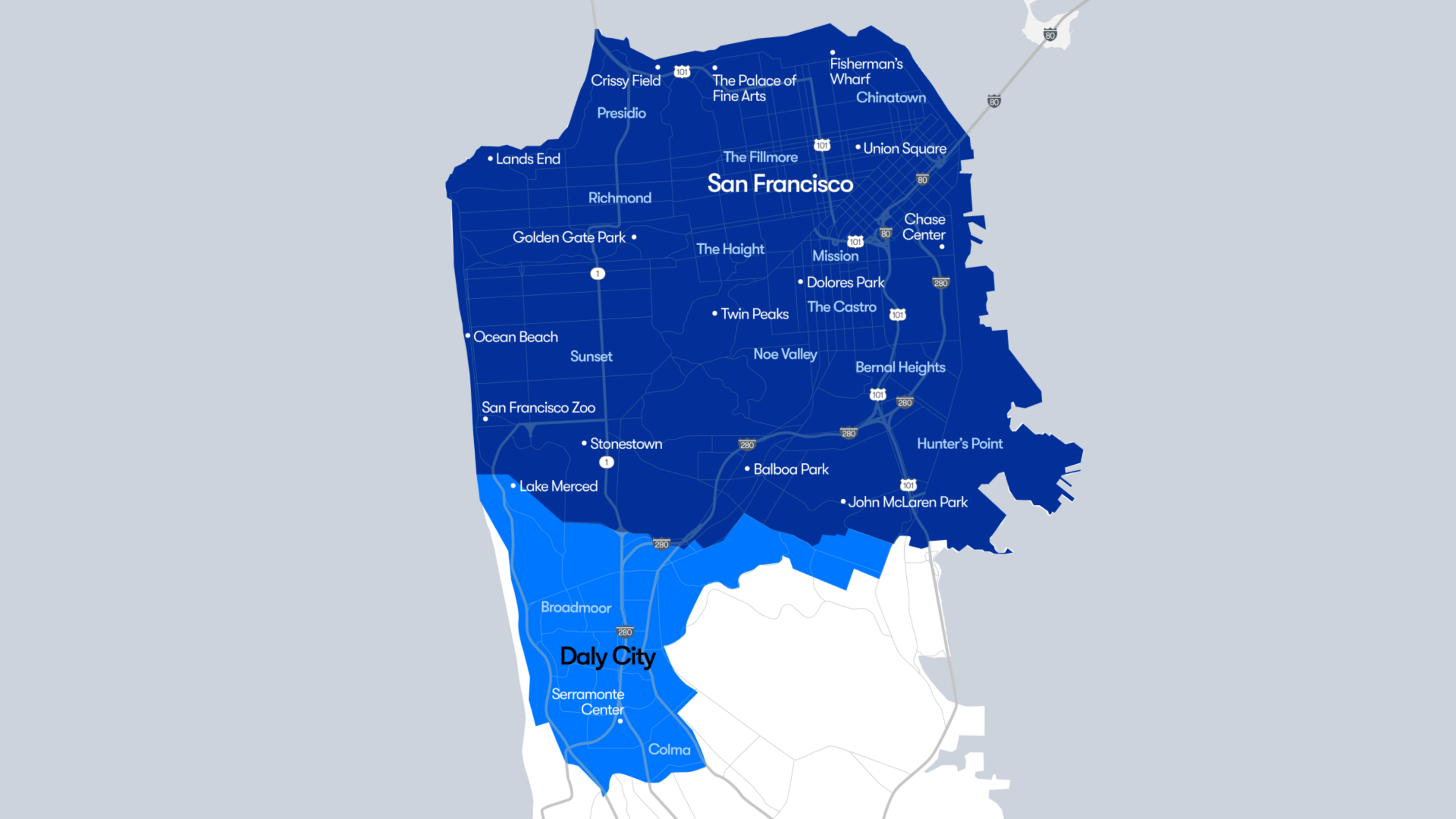 The image is a map showing San Francisco and surrounding areas. Landmarks and neighborhoods like Fisherman's Wharf, Golden Gate Park, and Daly City are labeled in blue.