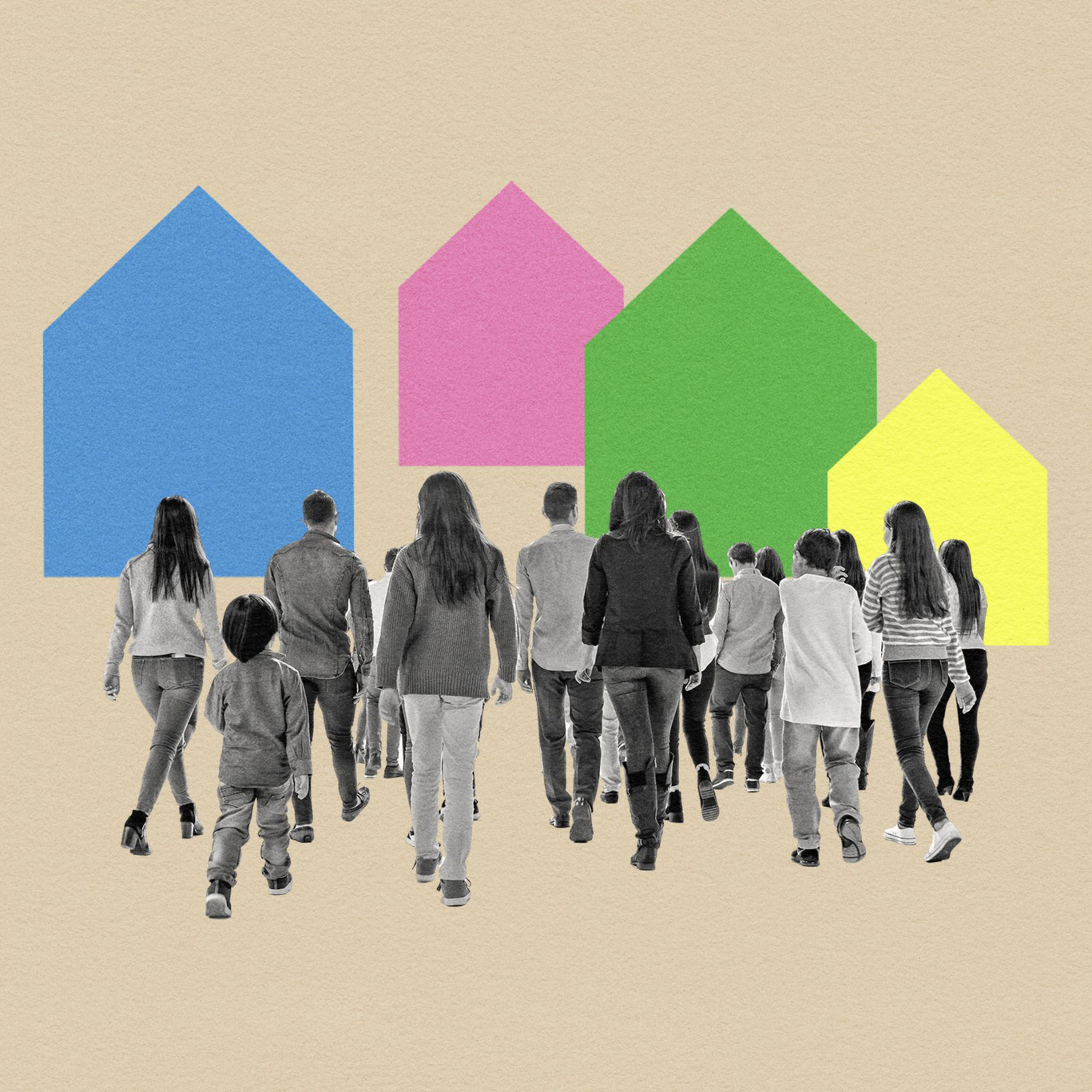 A photo illustration of a family walking home
