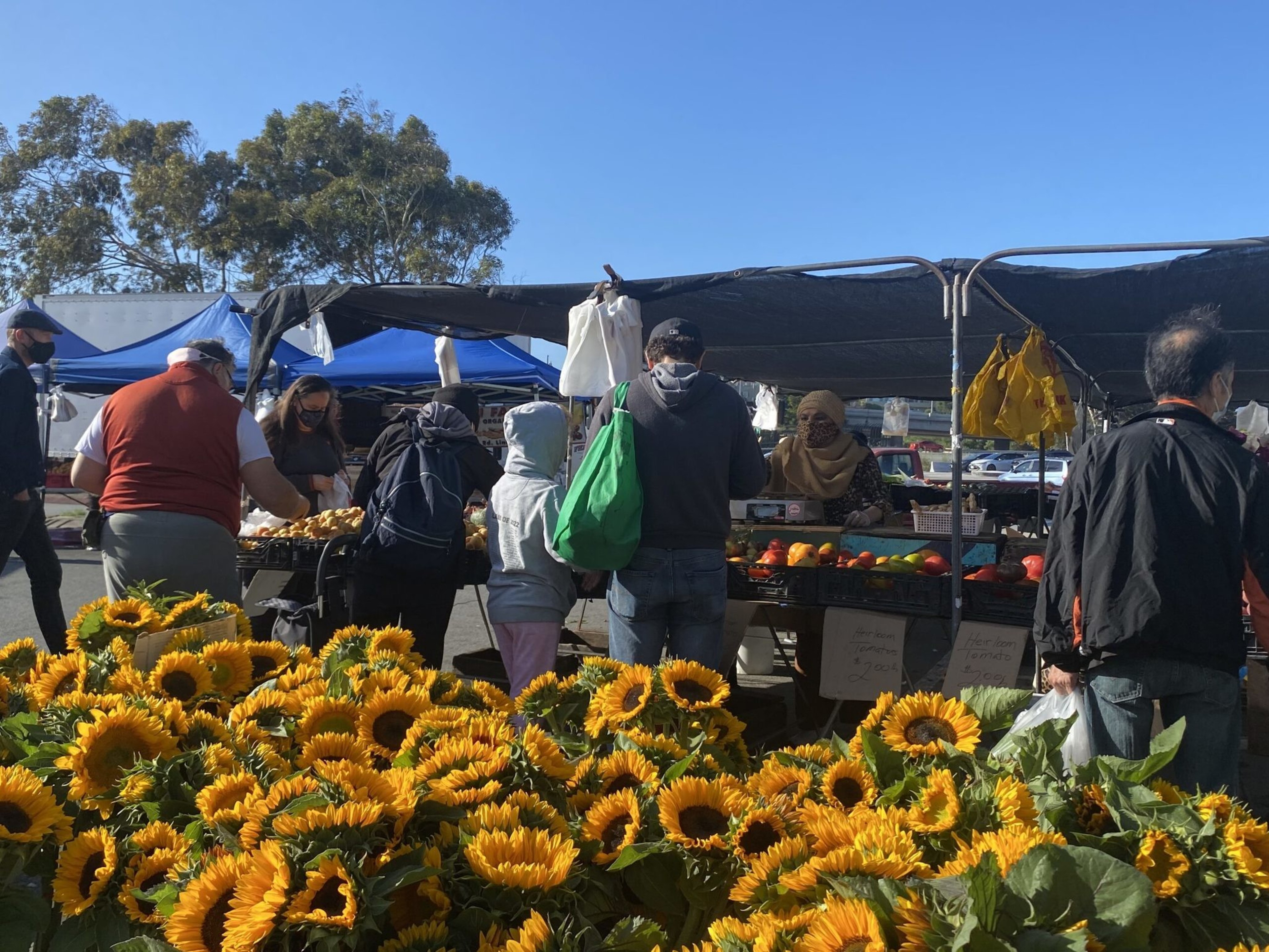 People wearing masks shop at an outdoor market stall with fresh produce, behind a large display of bright yellow sunflowers under a clear blue sky.