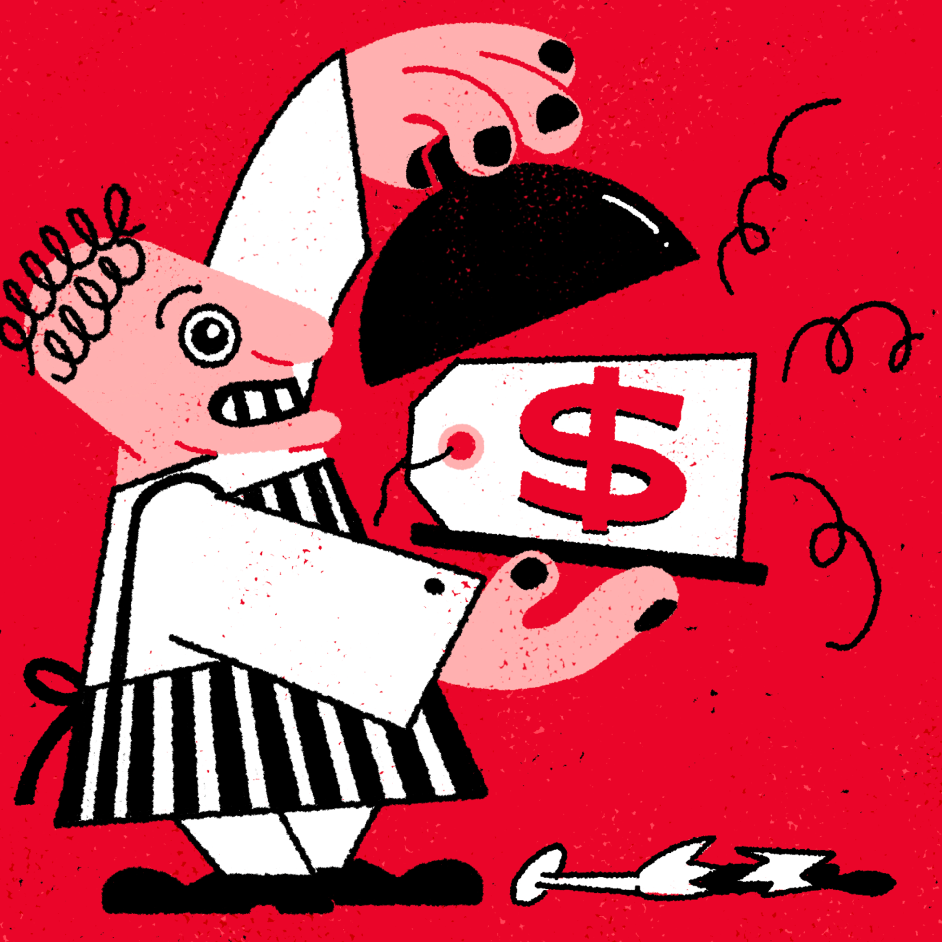 A chef lifts a cloche to reveal a price tag with a dollar sign, while a pot boils over on a stove in a stylized red, black, and white illustration.