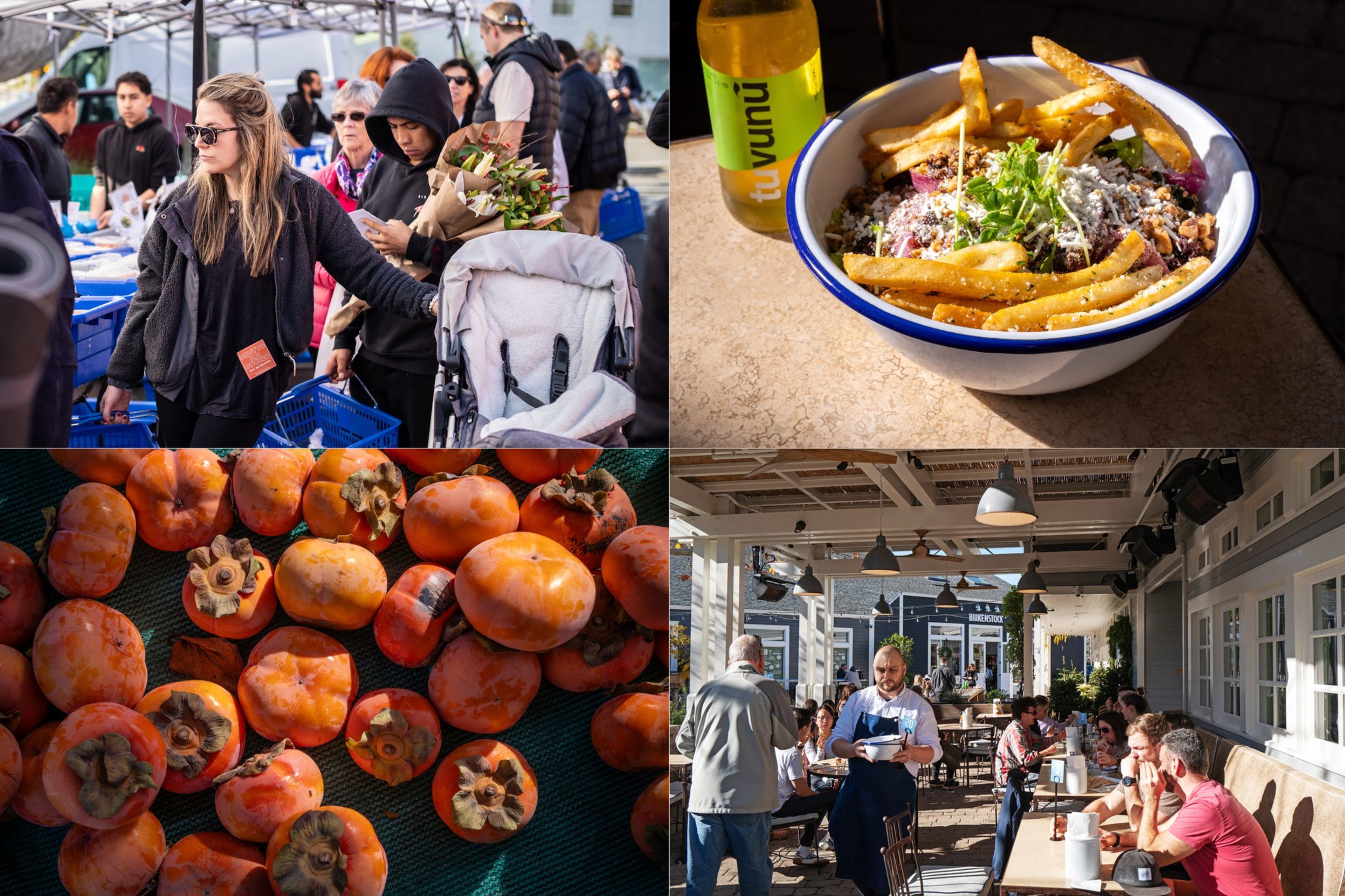 a composite image from an upscale shopping area, with people and food