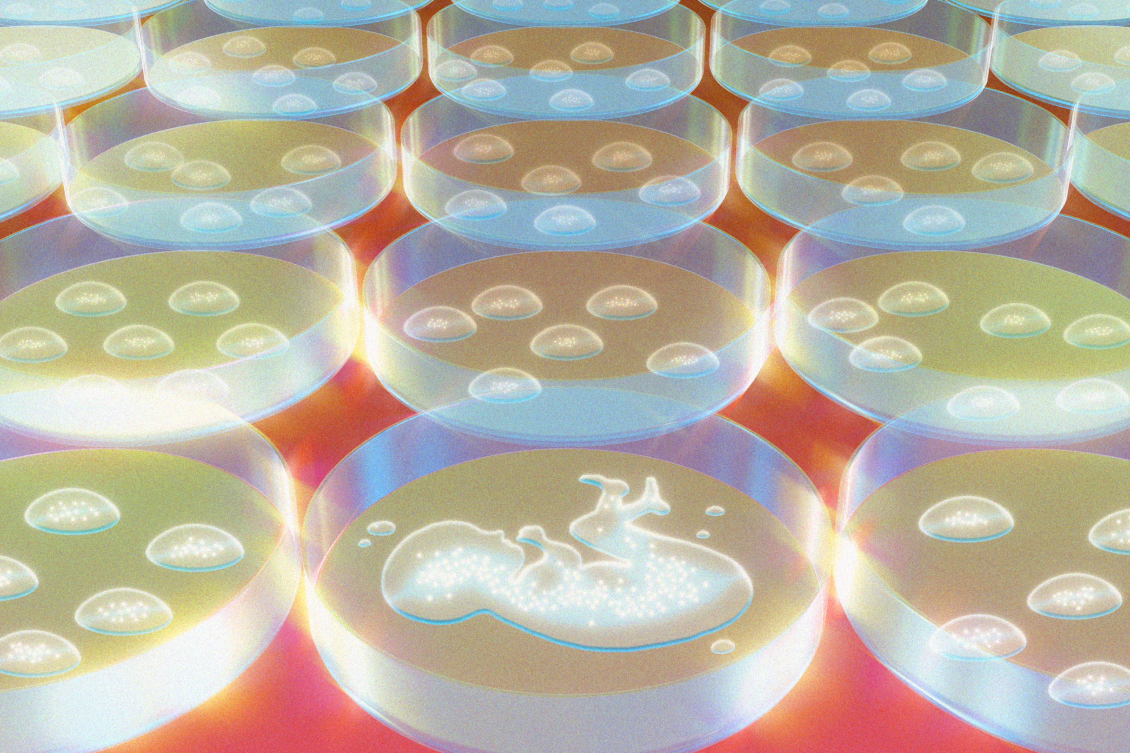 Multiple translucent petri dishes contain clusters of glowing cells, with one dish showing a larger, irregularly shaped glowing mass.
