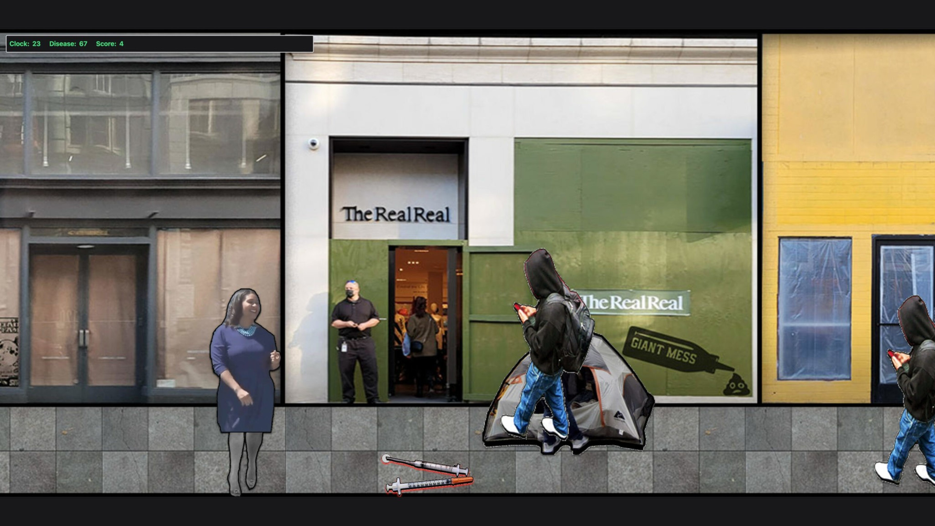 A person in a hoodie walks past a storefront with green boards and a sign reading "The RealReal" and "Giant Mess" while another stands near a door.