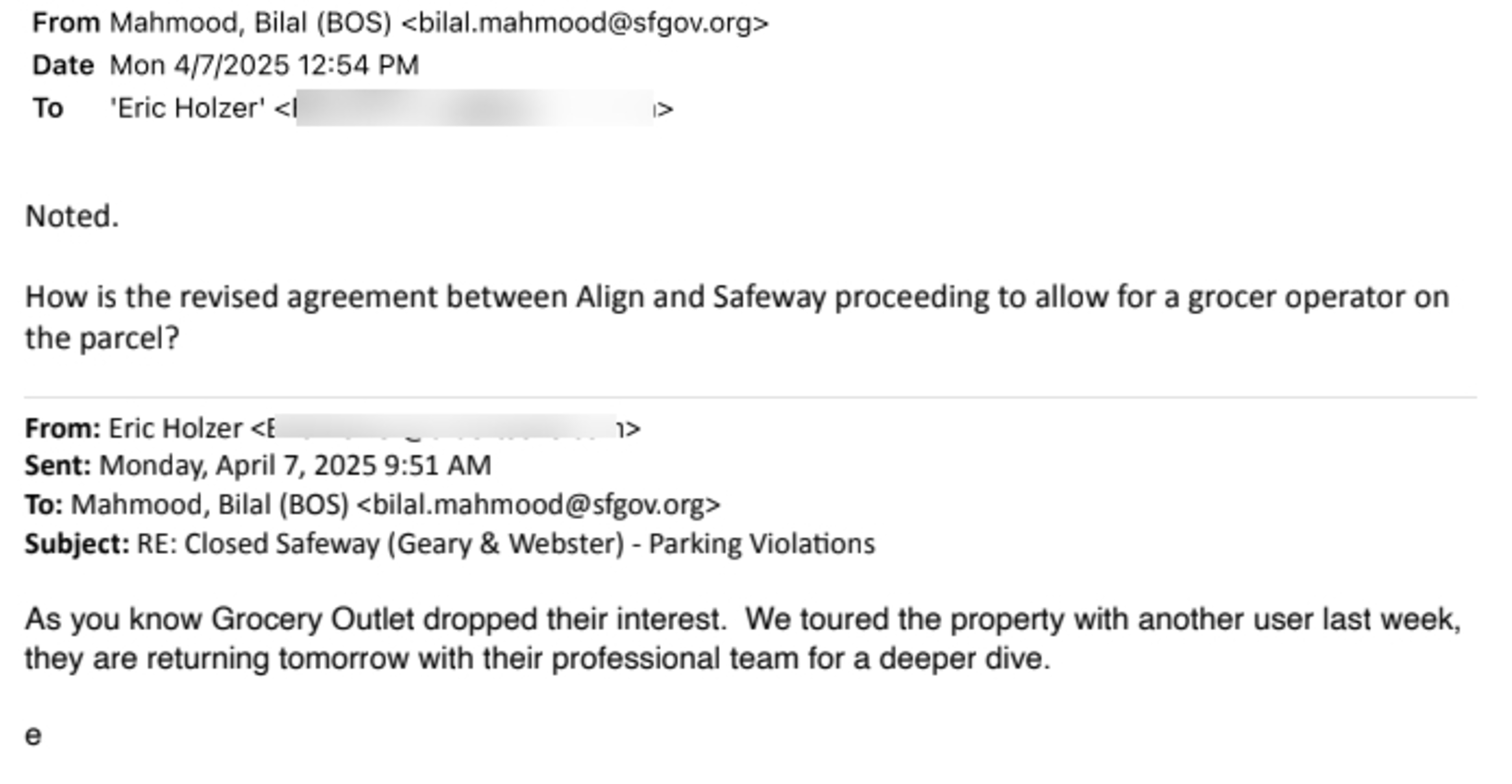 An email exchange discussing the revised agreement between Align and Safeway for a grocer operator, mentioning Grocery Outlet’s dropped interest.