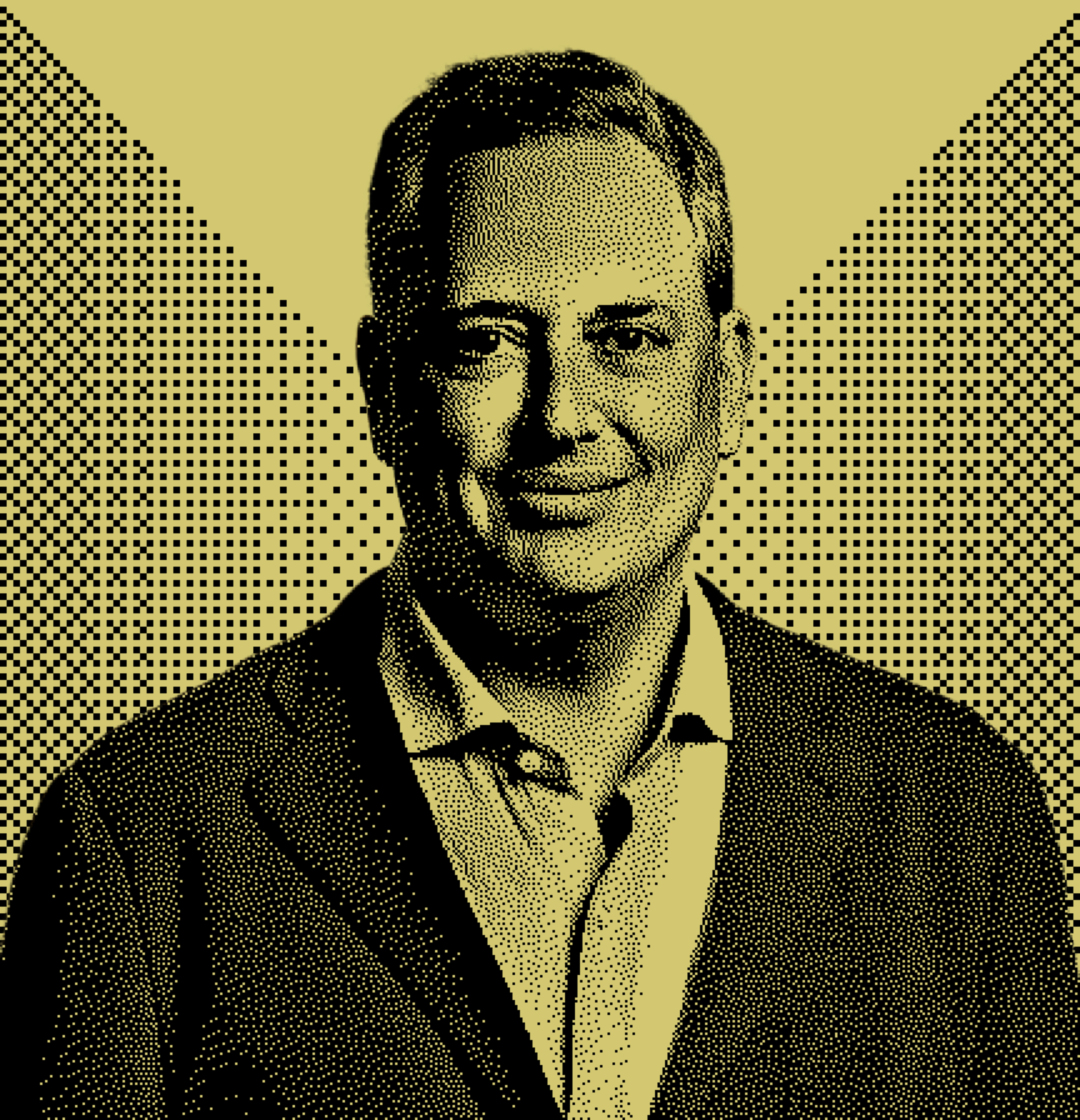 The image is a stylized dot-pattern portrait of a man in a suit on a yellow background with a triangular design.