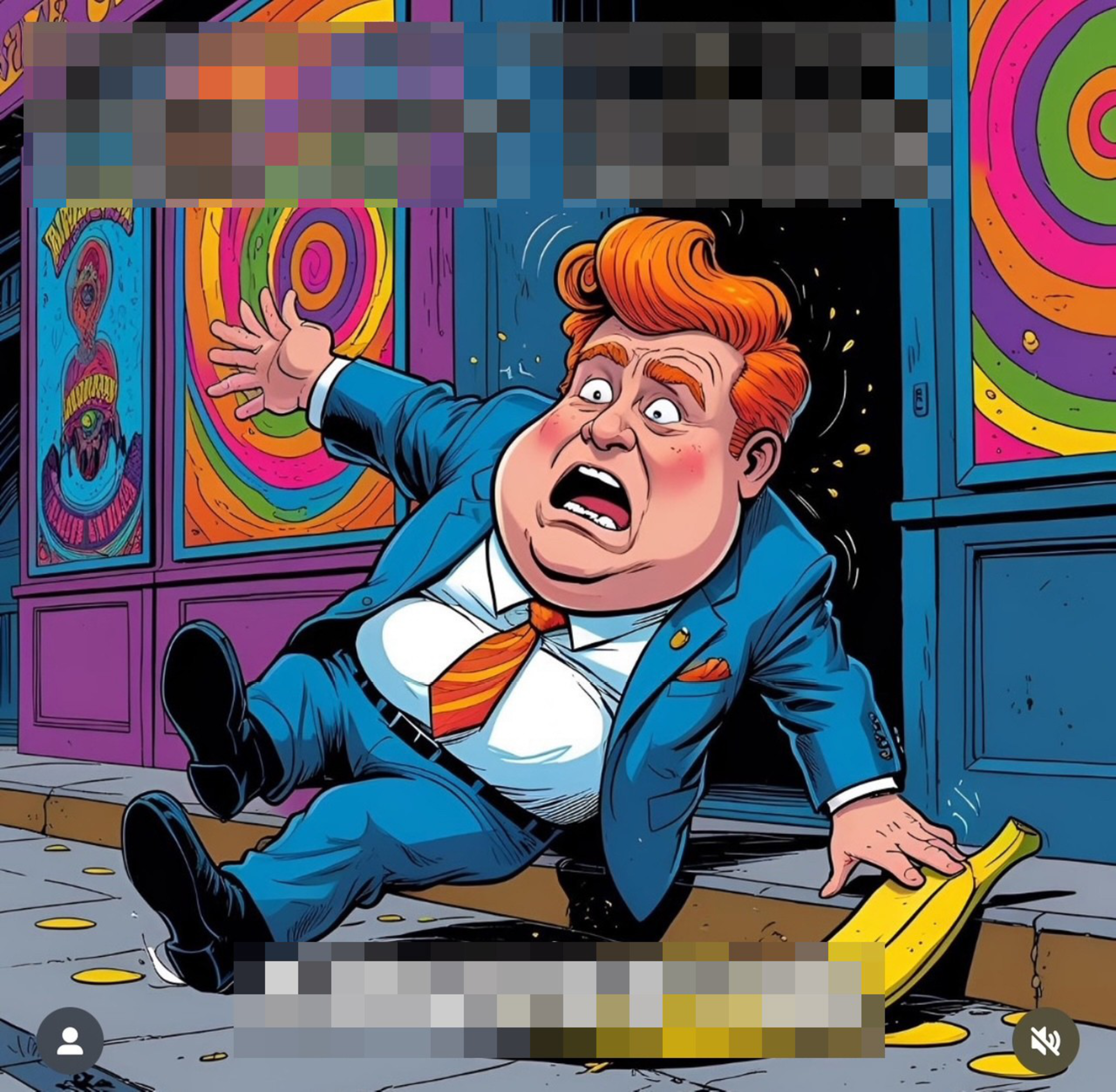 A red-haired man in a blue suit is slipping on a banana peel on a colorful, storefront-lined street, with a shocked expression on his face.