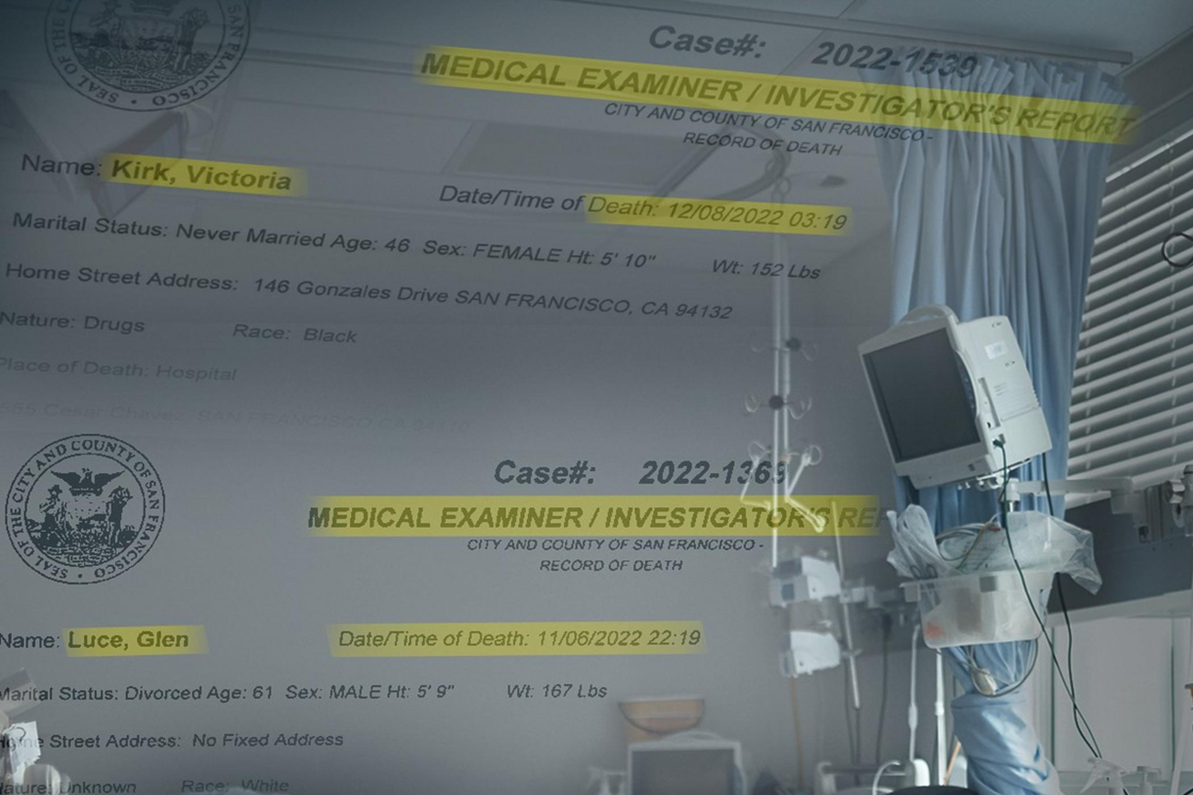 The image shows a hospital room with an empty bed and medical equipment. Superimposed over this are medical examiner reports detailing the deaths of Victoria Kirk and Glen Luce.