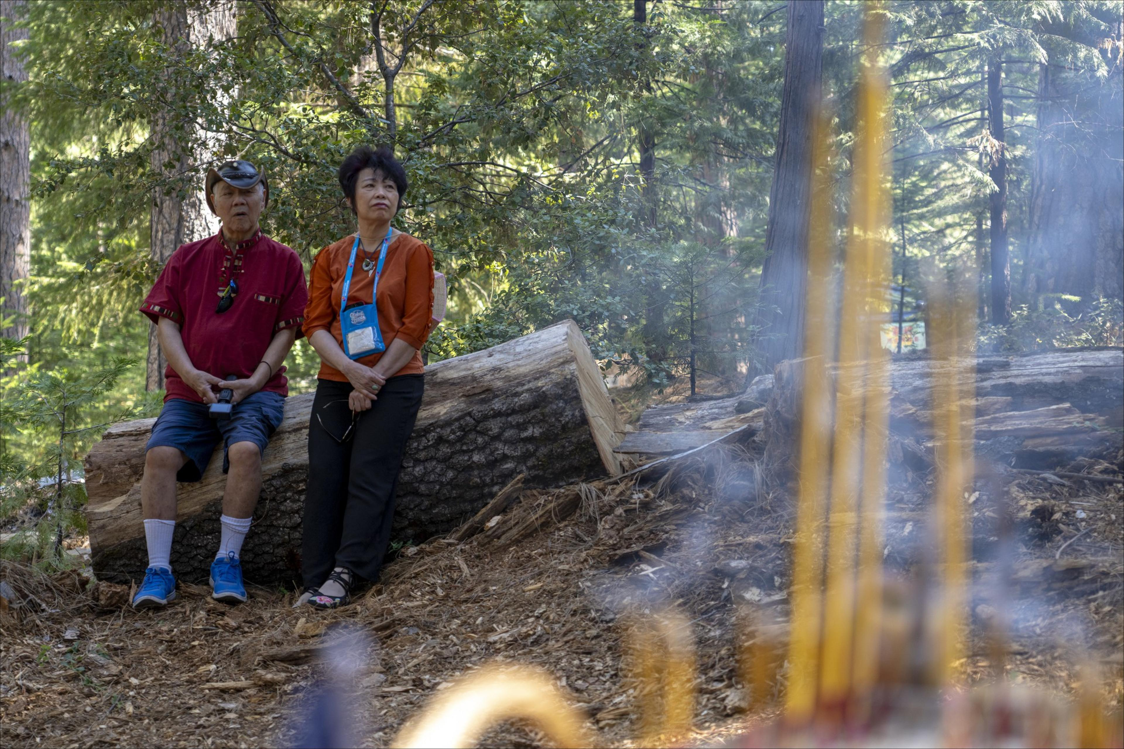 Two elderly people sit on a log in a forest with incense in the foreground.