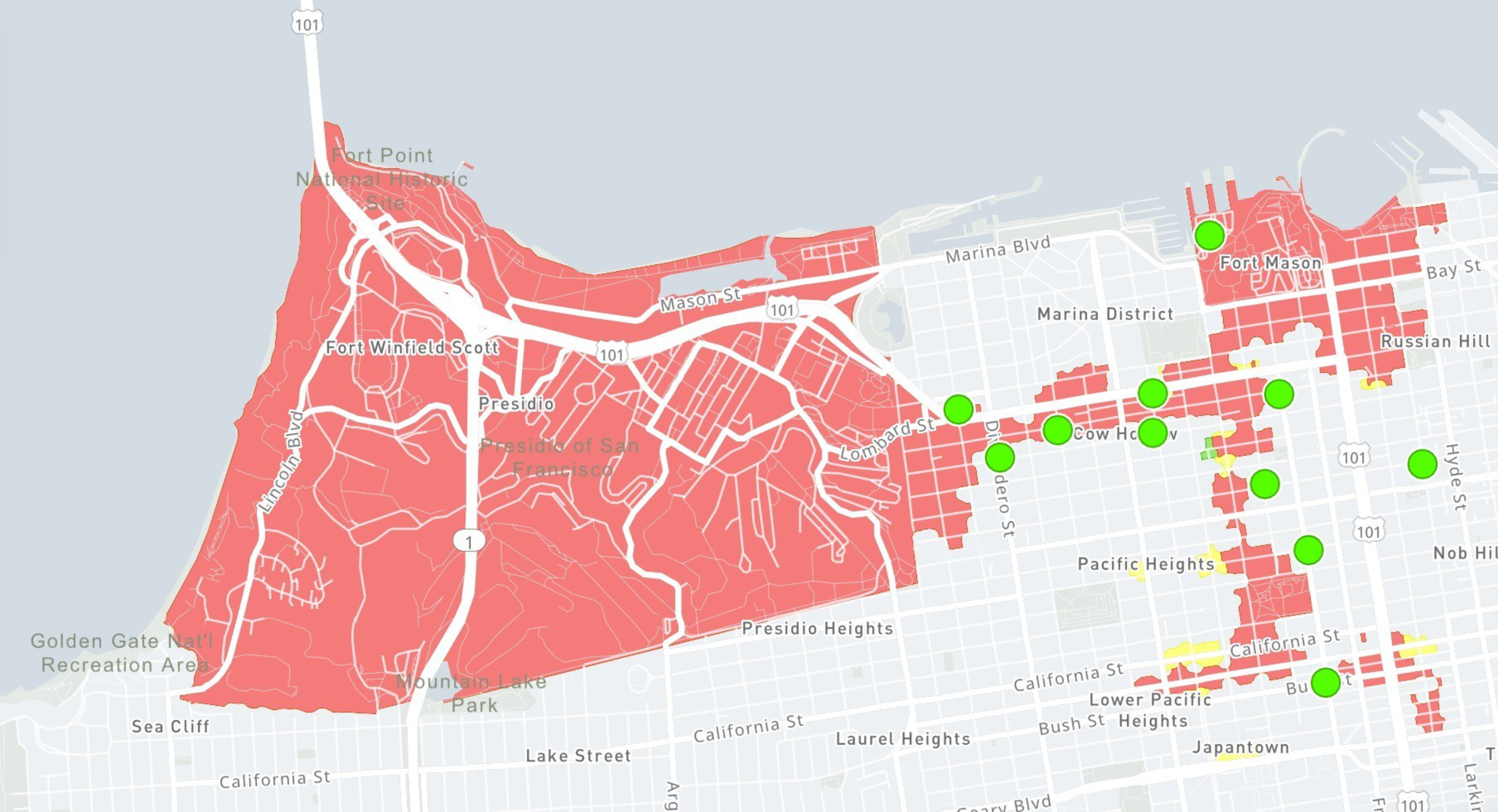 A grayscale map of a city shows multiple outages represented in red with green dots and yellow patches.
