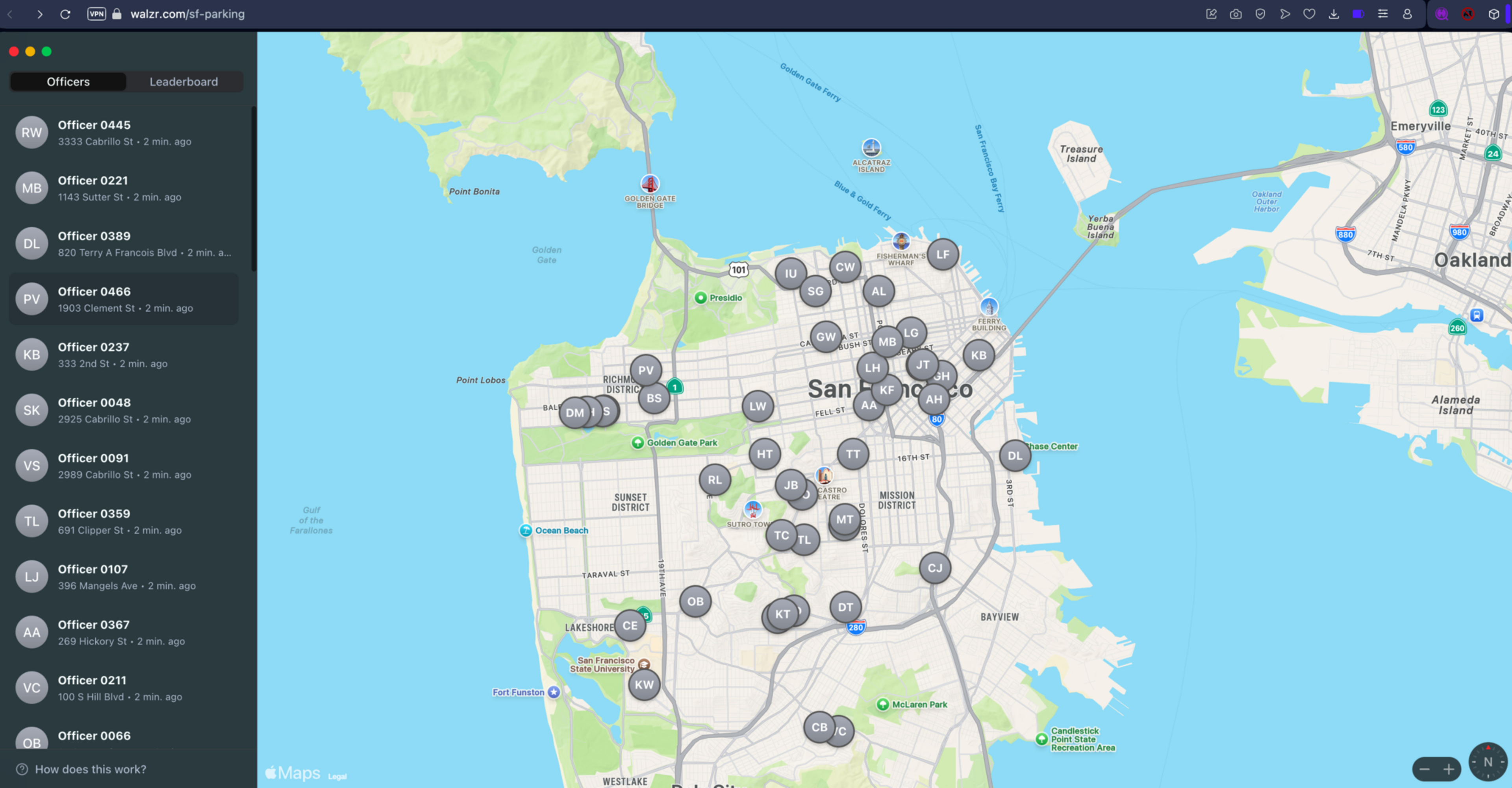 Map of San Francisco shows multiple labeled markers indicating officer locations, with a sidebar listing officers and their recent check-ins.