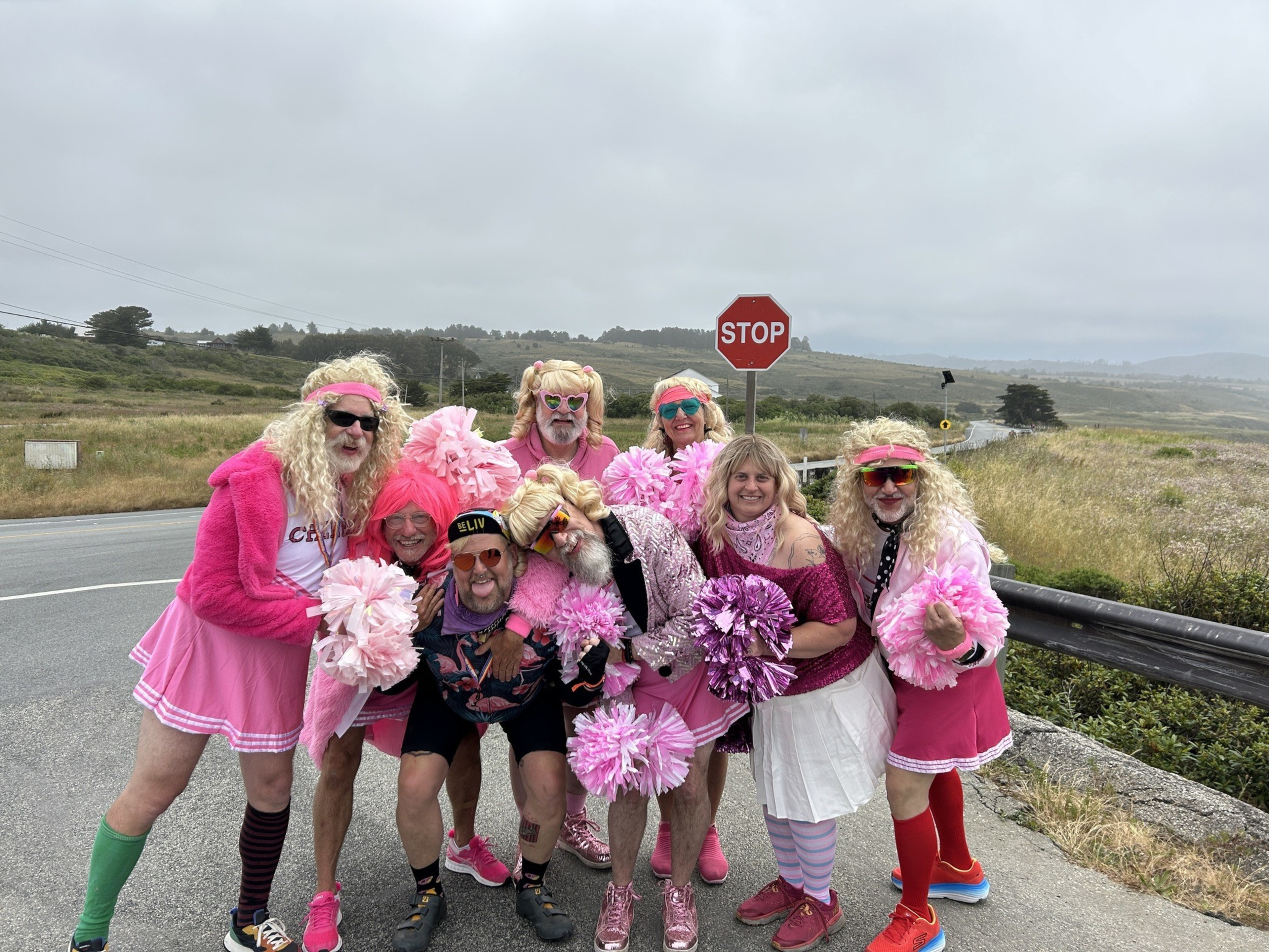 A group of people are dressed in colorful, pink-themed outfits, including wigs, skirts, and pom-poms, standing on a roadside with a stop sign and cloudy background.