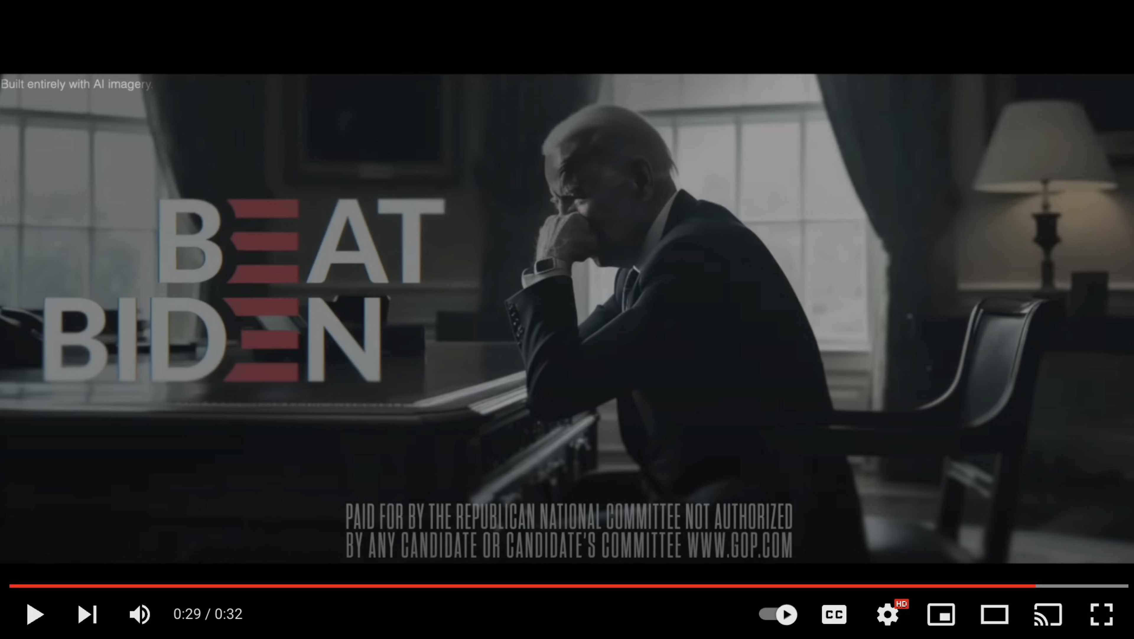 A somber man sits at a desk in a dim room with a window behind him, next to bold text reading "BEAT BIDEN" with an American flag motif.