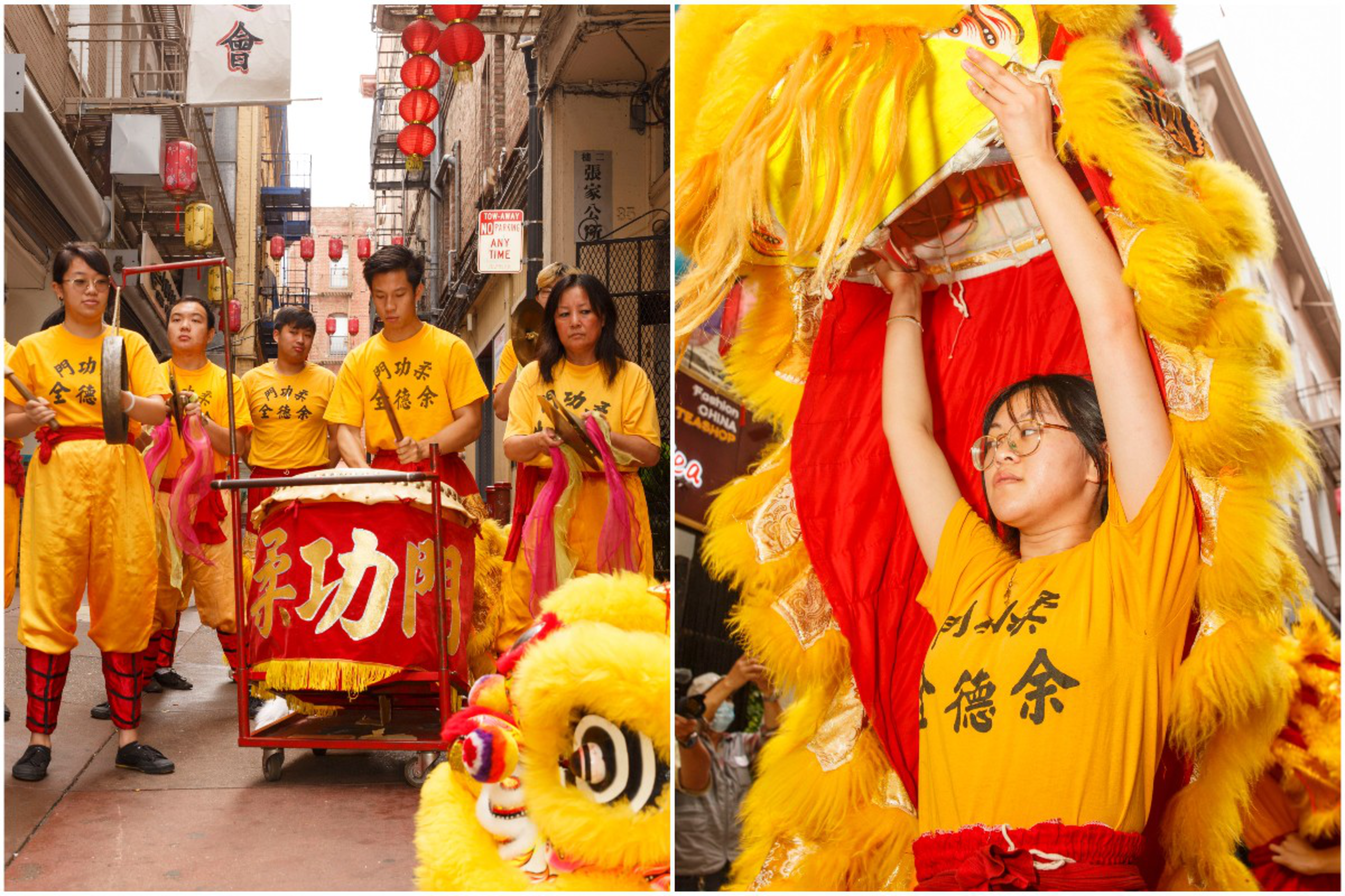 People in yellow shirts and red pants prepare for a traditional lion dance in a narrow street decorated with red lanterns. One holds a lion head above.