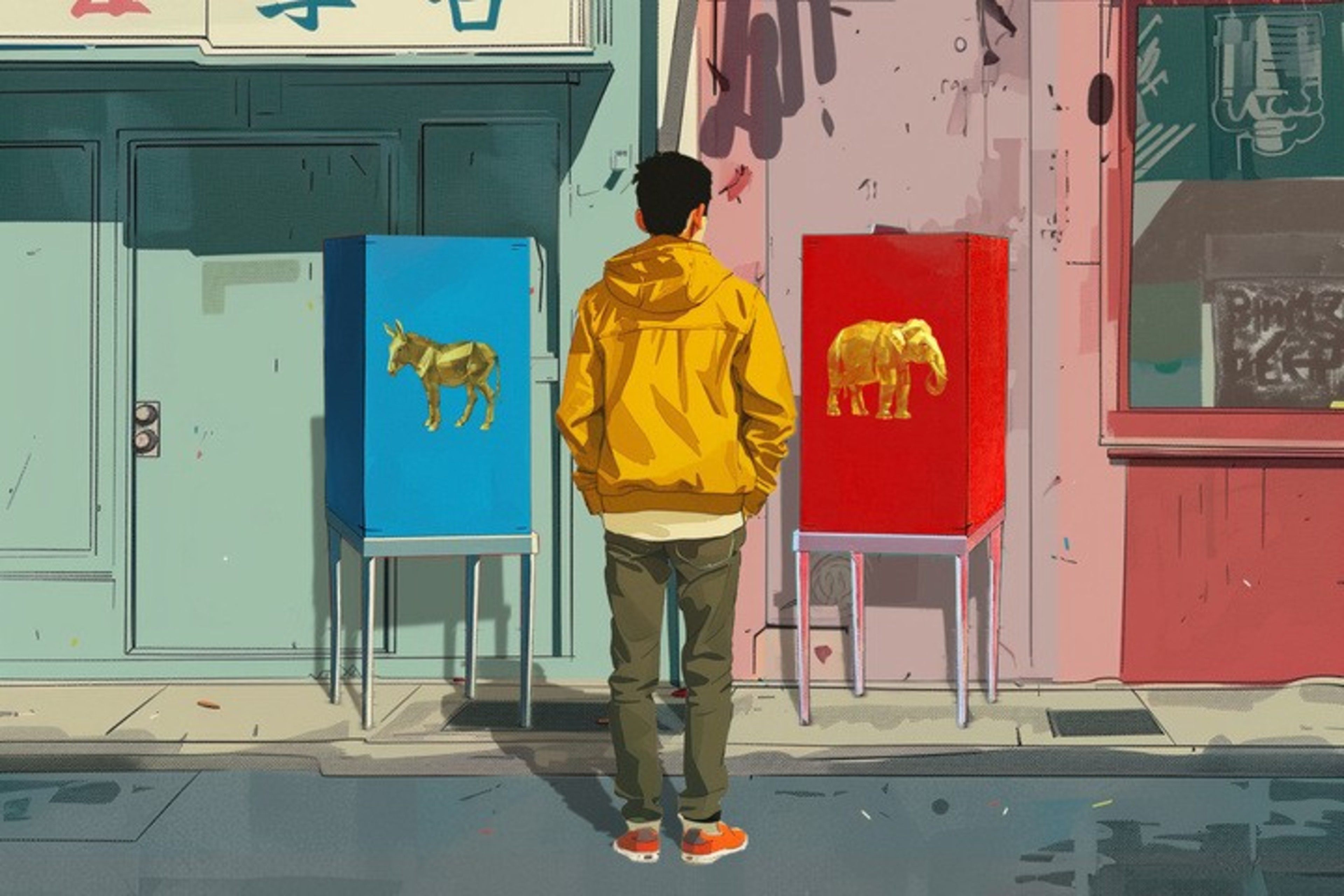 A man stands before two boxes with golden animalsâ€”a donkey on blue, an elephant on redâ€”in an urban setting.