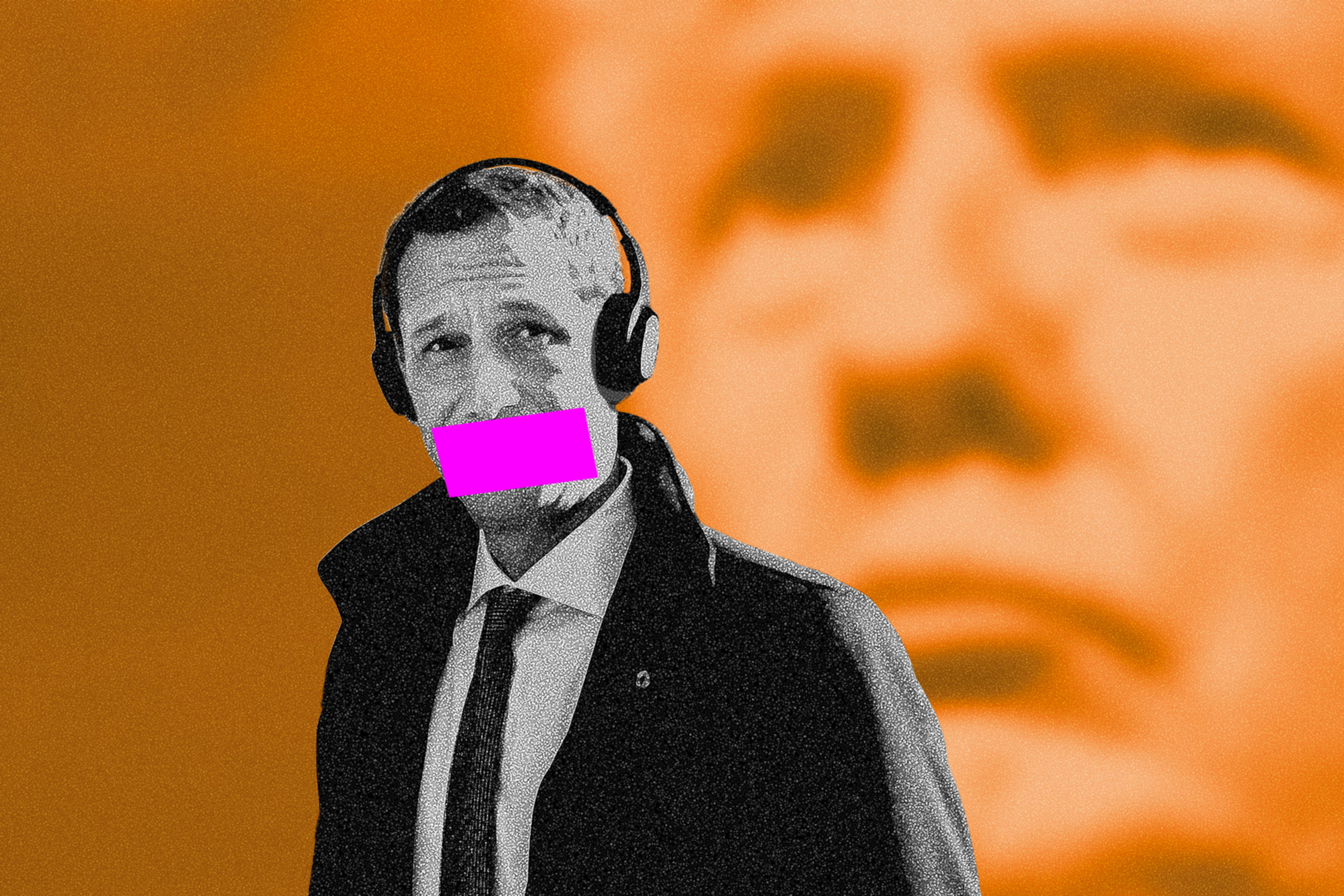 A man wearing headphones and a suit has his mouth covered by a pink rectangle. The background features a large, blurred orange face.