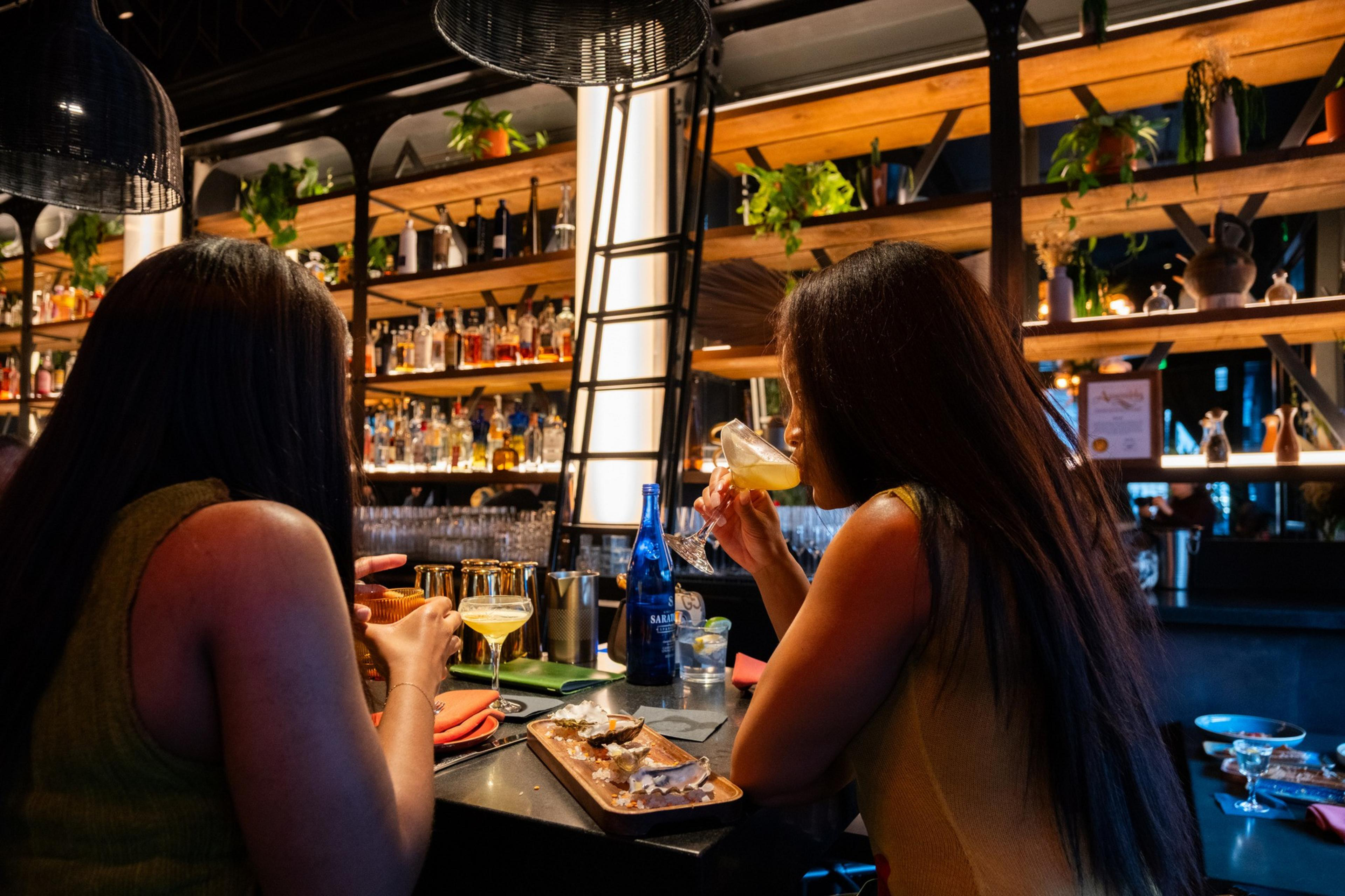 Two people sit at a bar with shelves of liquor and plants behind them. They are enjoying cocktails and sharing a small plate of food in a dimly lit setting.