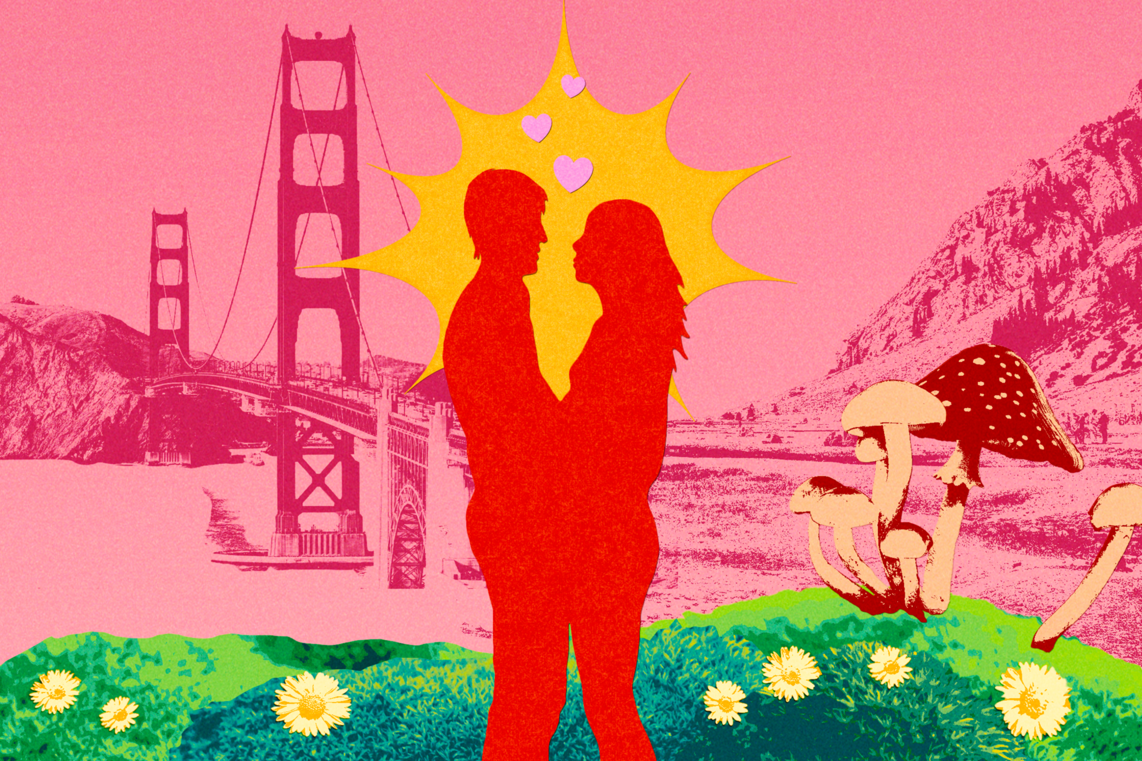 The image features a silhouette of a couple embracing with a vibrant background of the Golden Gate Bridge, mushrooms, and flowers under a pink sky.