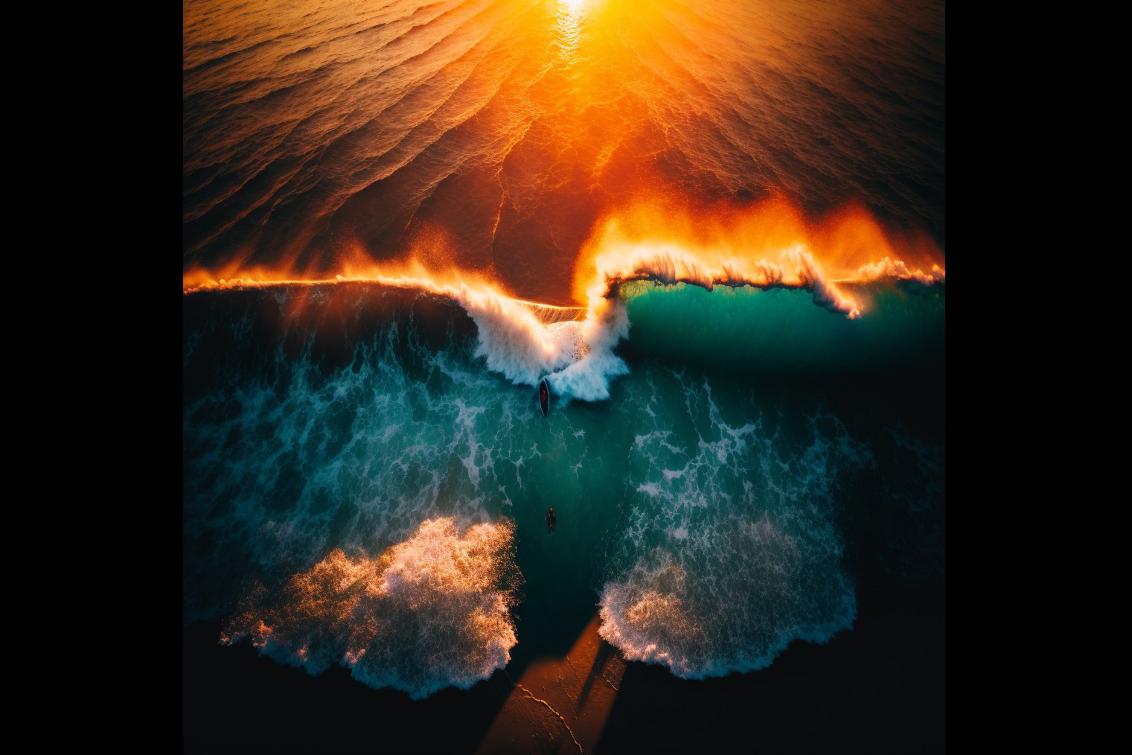 Golden sunlight reflects off crashing ocean waves, with two surfers silhouetted in the glowing surf near the shore at sunset.