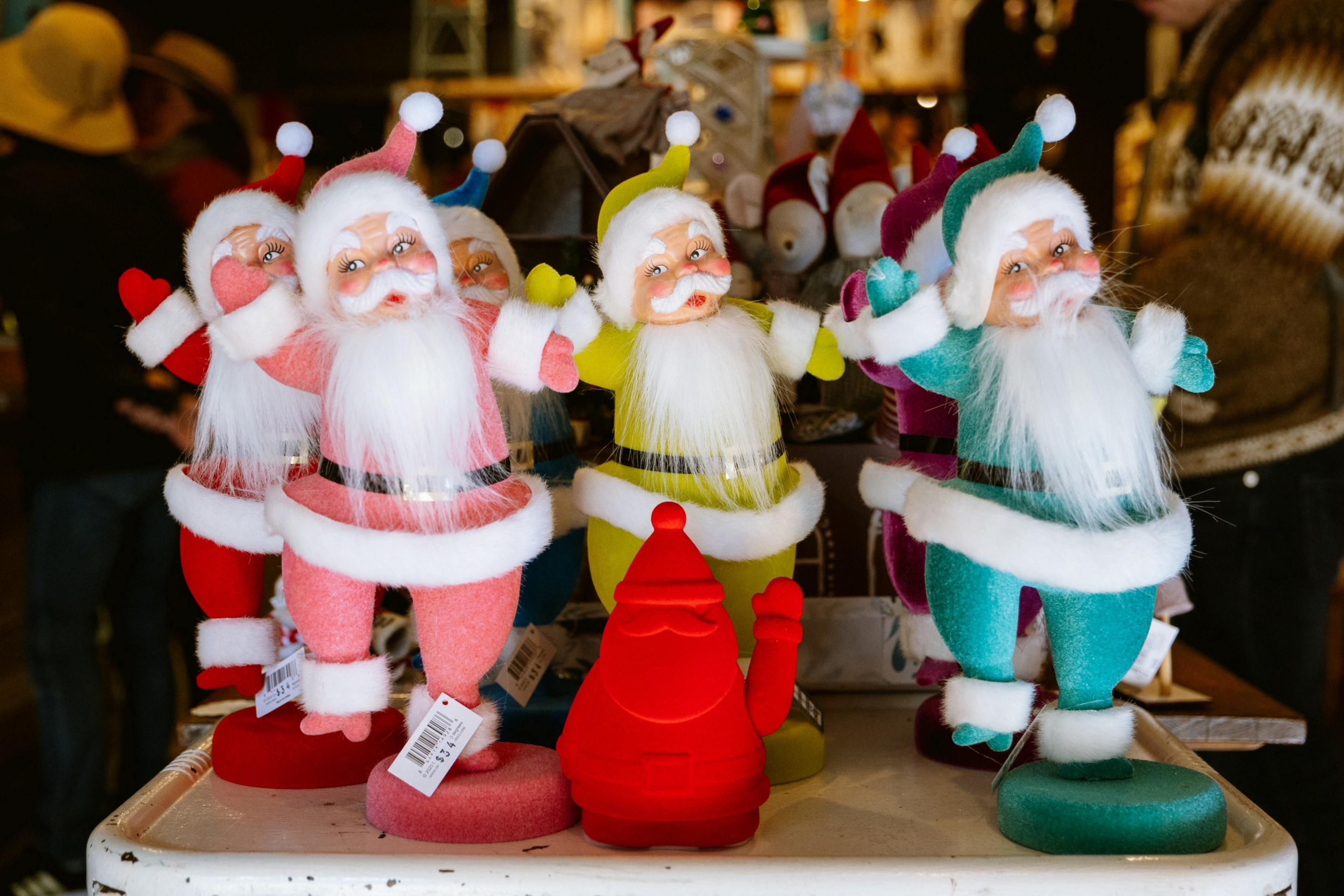 Santa Clause dolls on the shelves at Tantrum Toy Shop in the Richmond district.