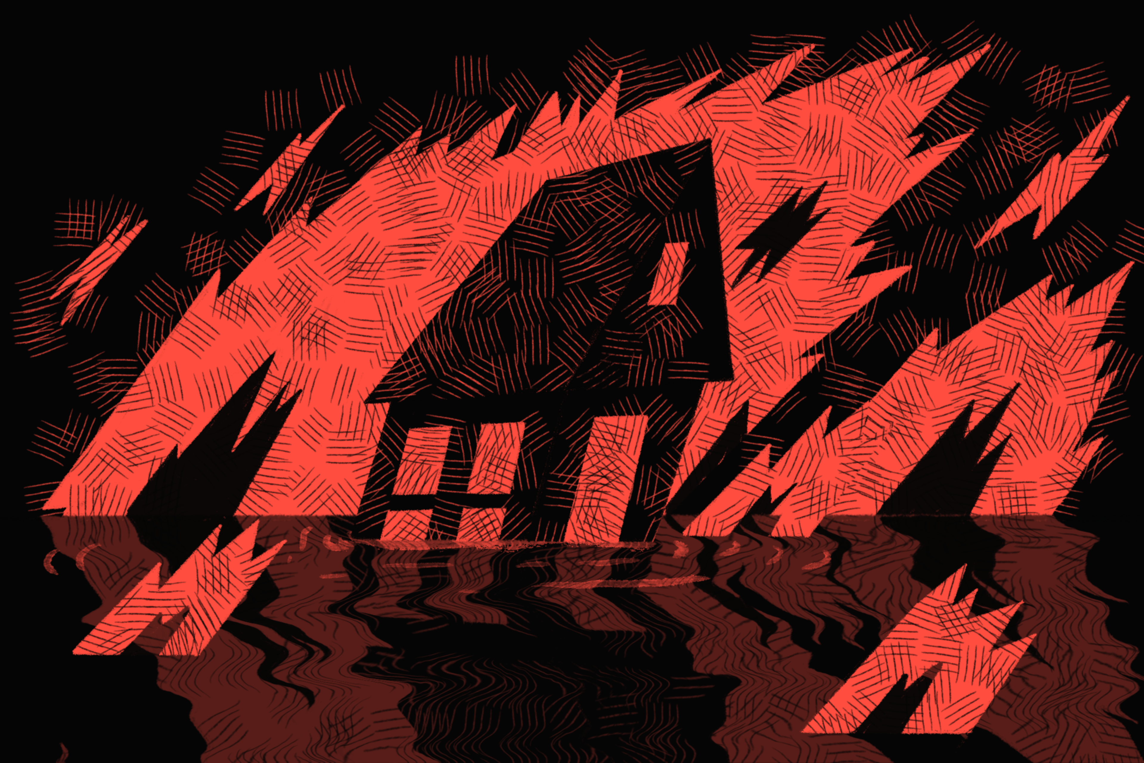 A black house outlined in red flames is reflected in rippling water below, with stylized hatch marks adding texture to the fire and darkness.