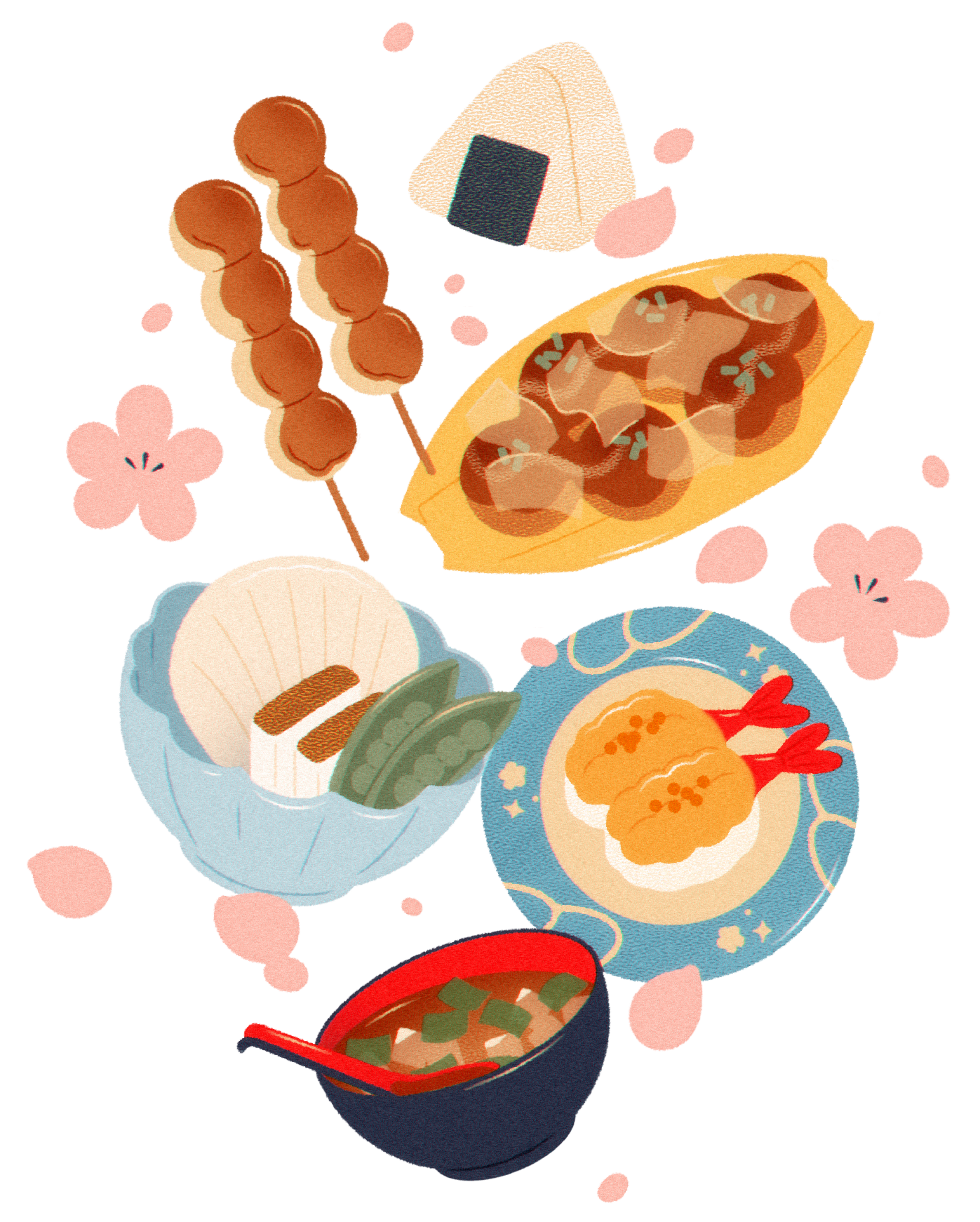 Two skewers of dango, an onigiri rice ball, a boat-shaped dish of takoyaki, a bowl with tofu and vegetables, a plate with fried shrimp, and a bowl of miso soup.
