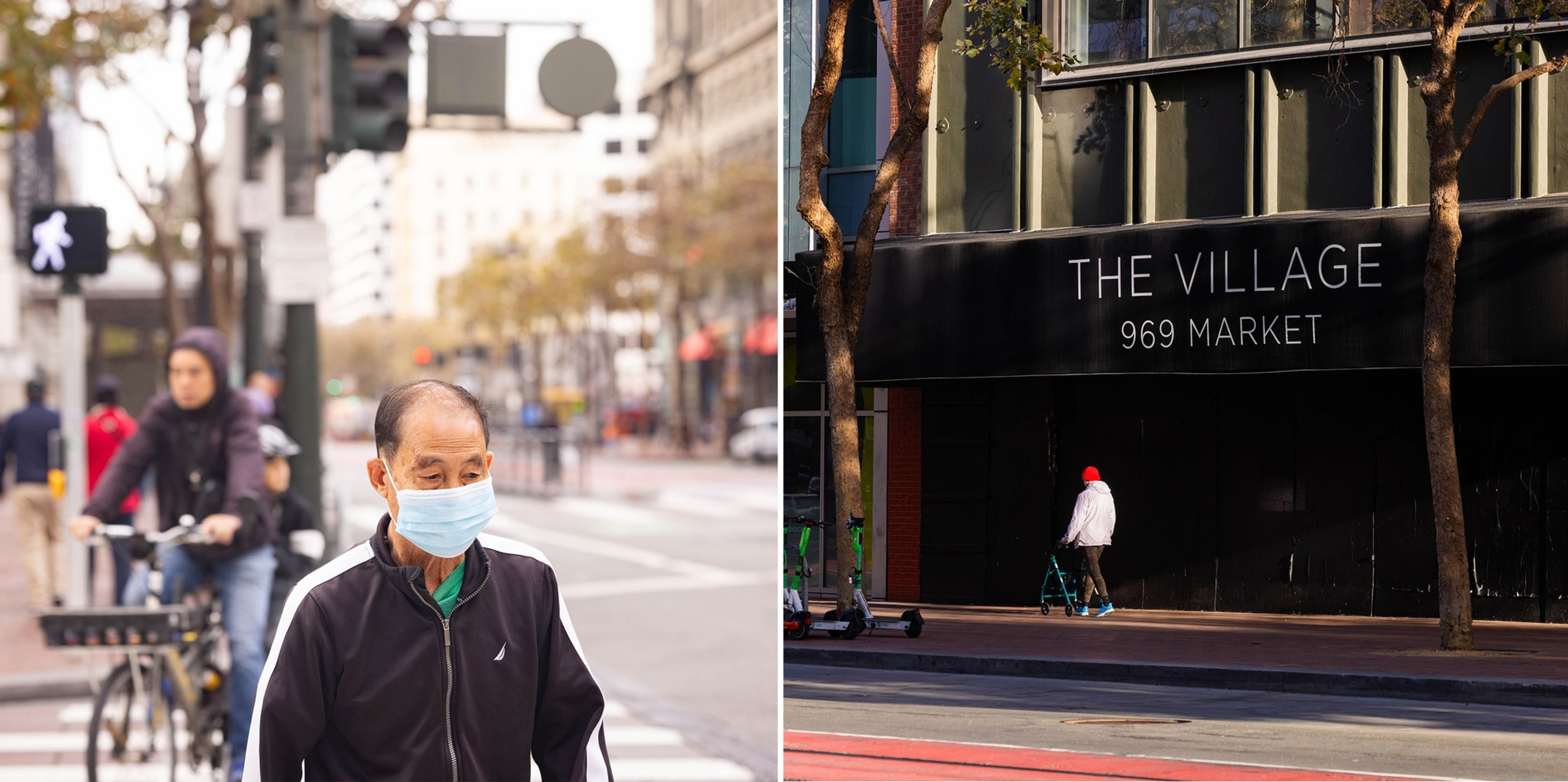 A pedestrian crosses Fourth at Market Street, left, while another pedestrian, right, walks down a virtually empty sidewalk outside Village Venue on market street.