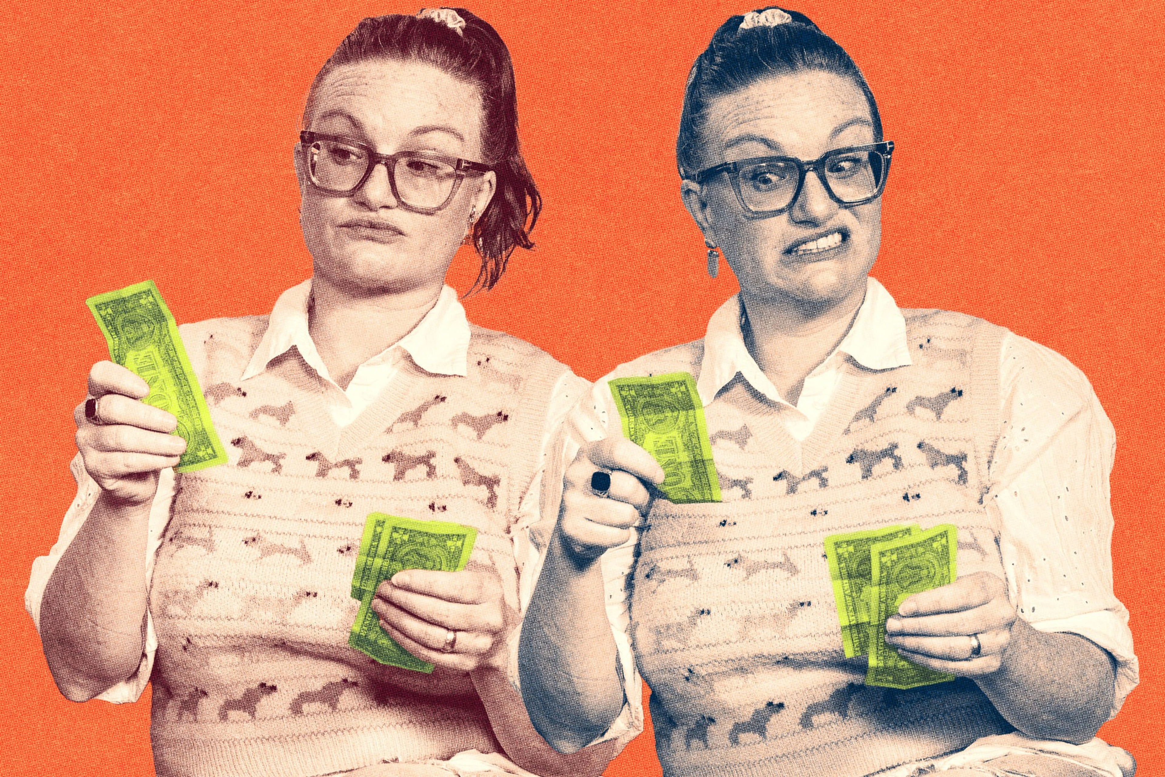 A woman wearing glasses and a sweater vest with dog patterns holds and counts green dollar bills, showing confused and unsure facial expressions.
