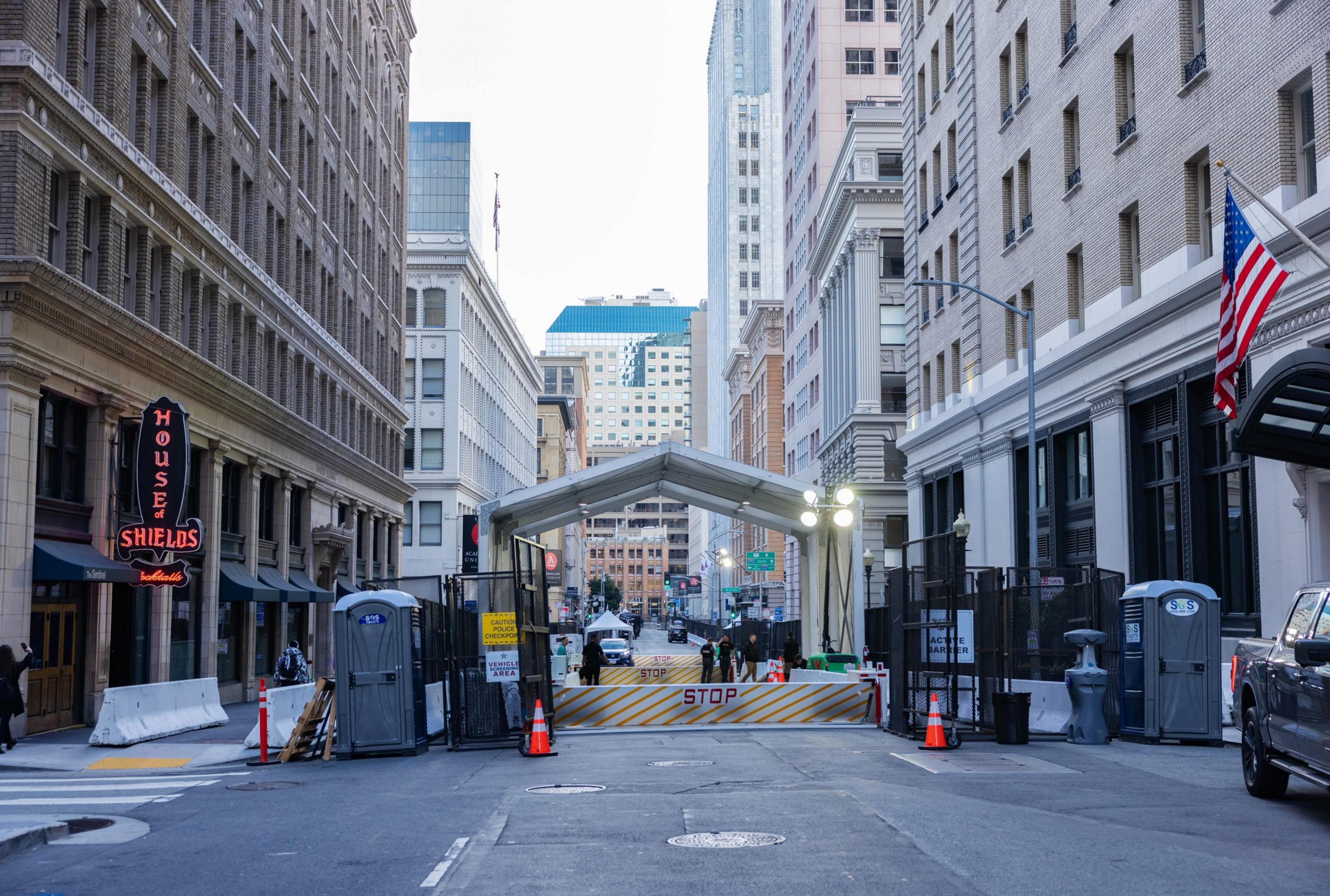 A vehicle checkpoint on New Montgomery at Stevenson St. near the Palace Hotel