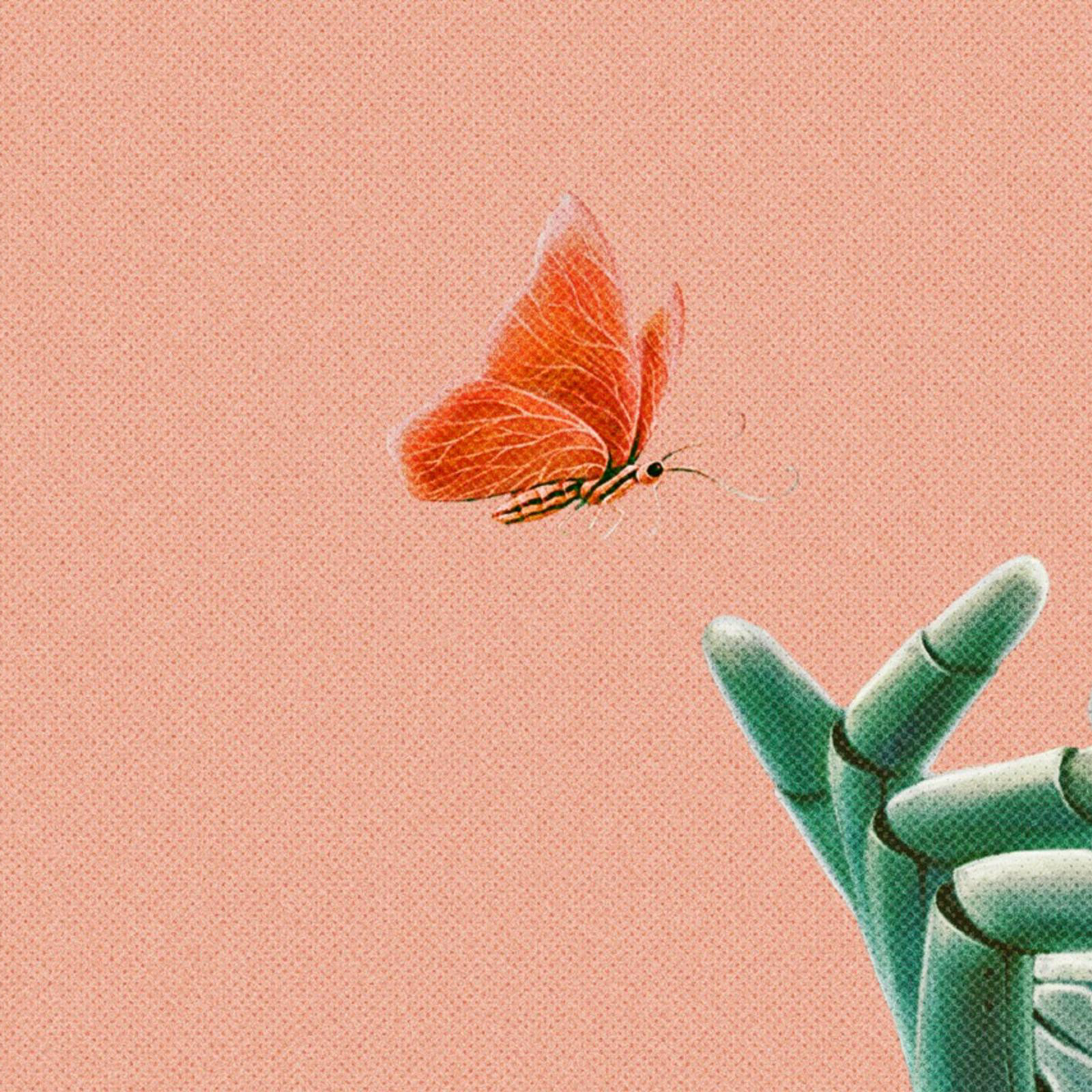 A robot hand reaching out to a butterfly