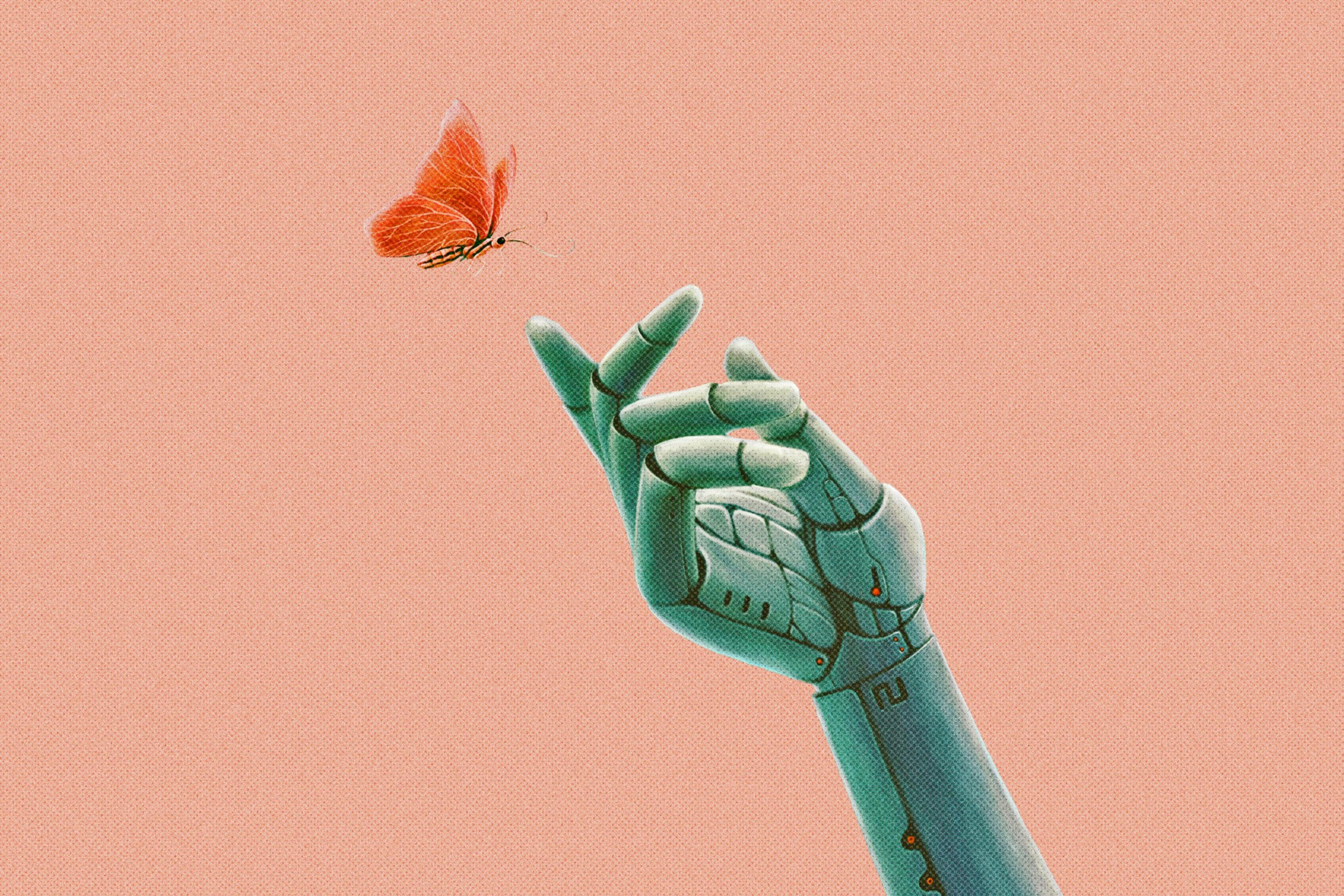 A robot hand reaching out to a butterfly