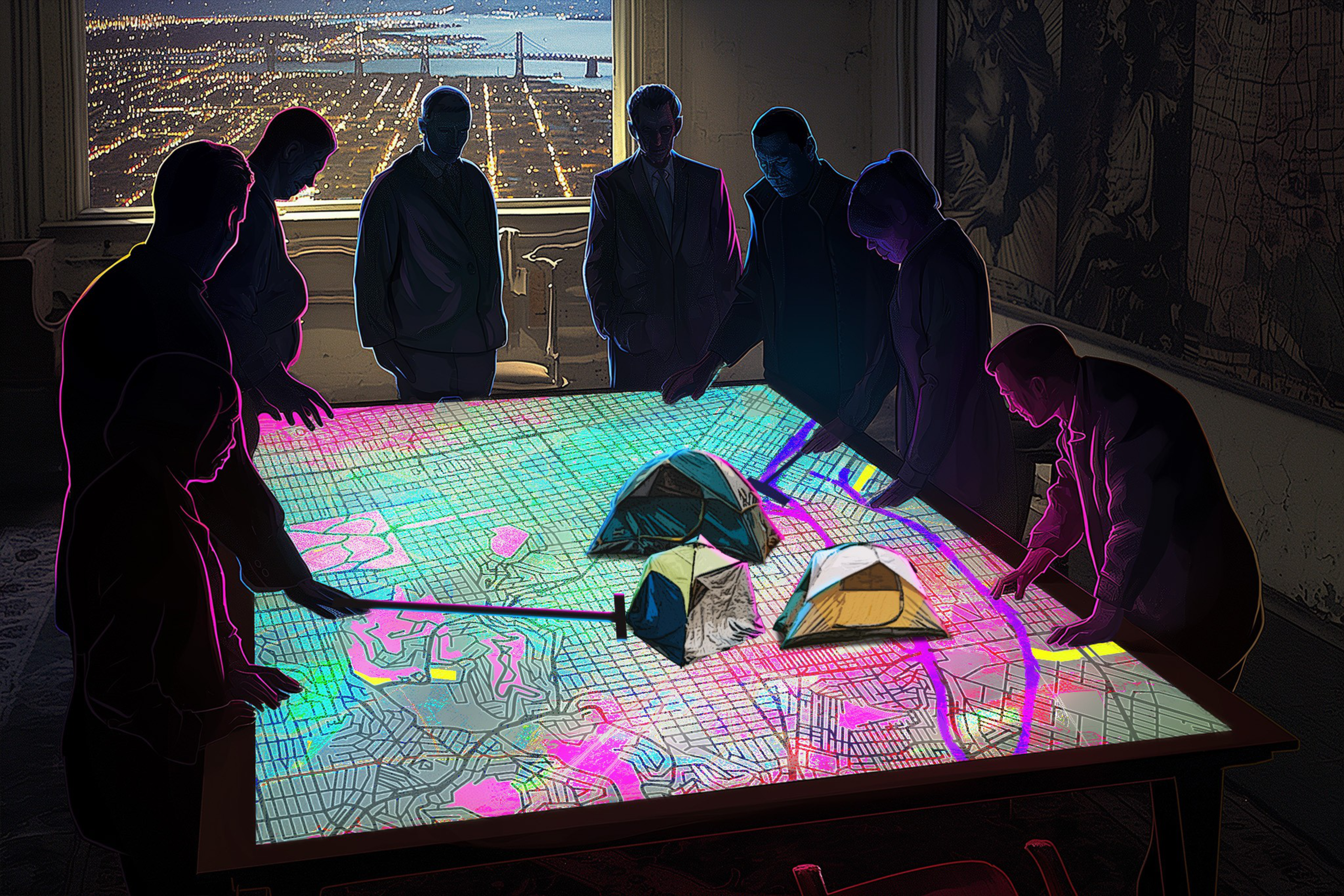 A group of people stand around an illuminated, colorful table map depicting San Francisco, engaged in discussion.