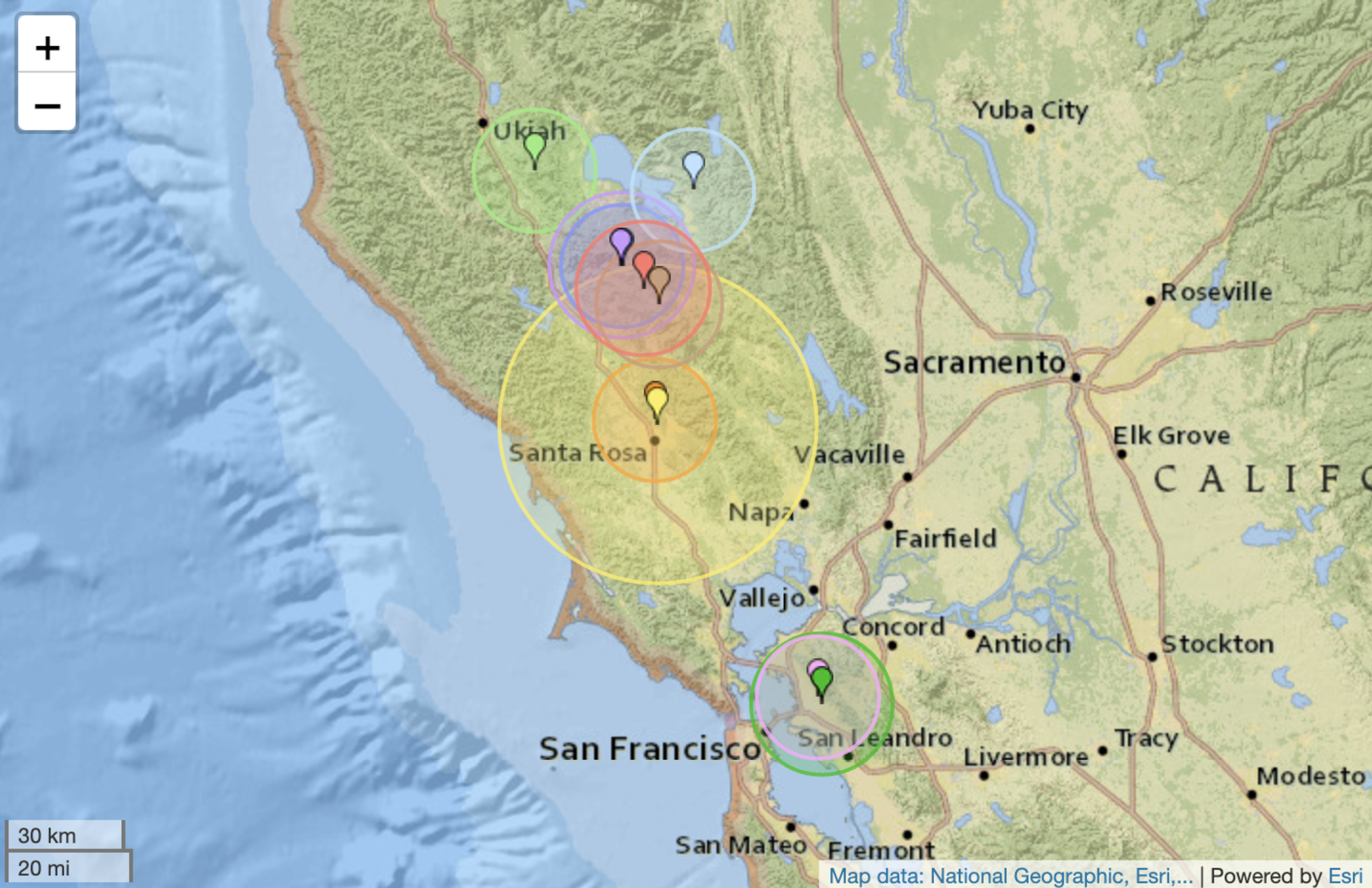 Several colored circles on a map of Northern California highlight areas around Ukiah, Santa Rosa, San Francisco, and San Leandro, near major cities and coastlines.