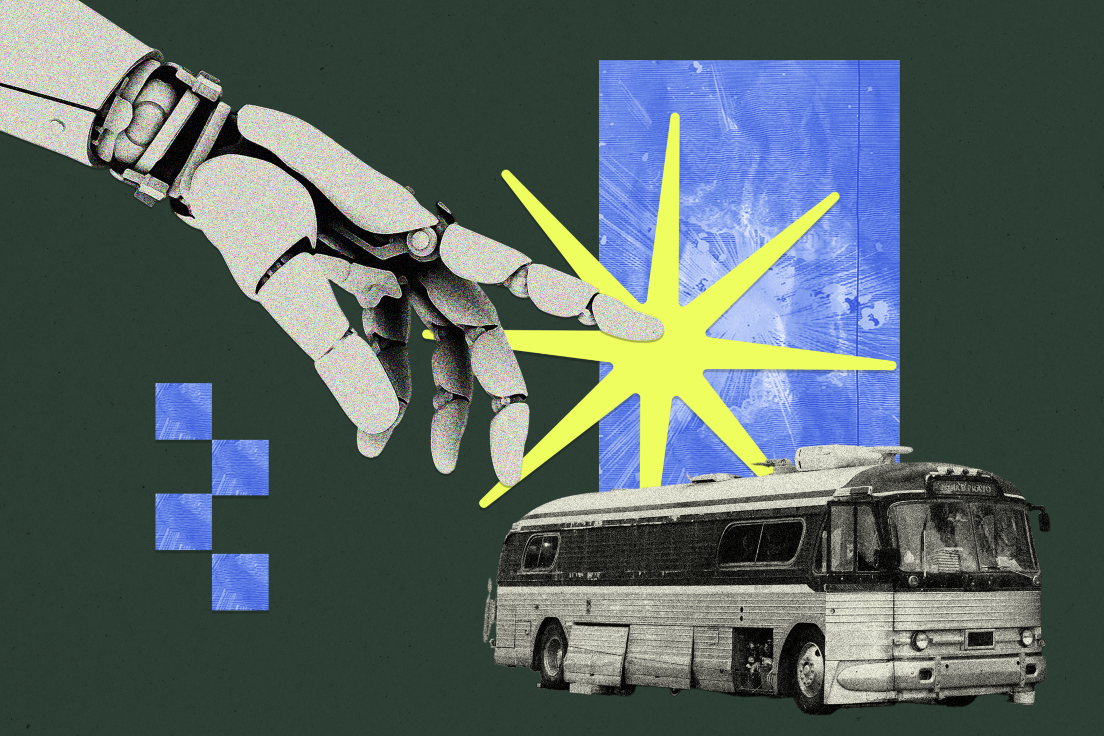 A robotic hand reaches toward a bright yellow starburst above a vintage bus with blue geometric shapes on a dark green background.