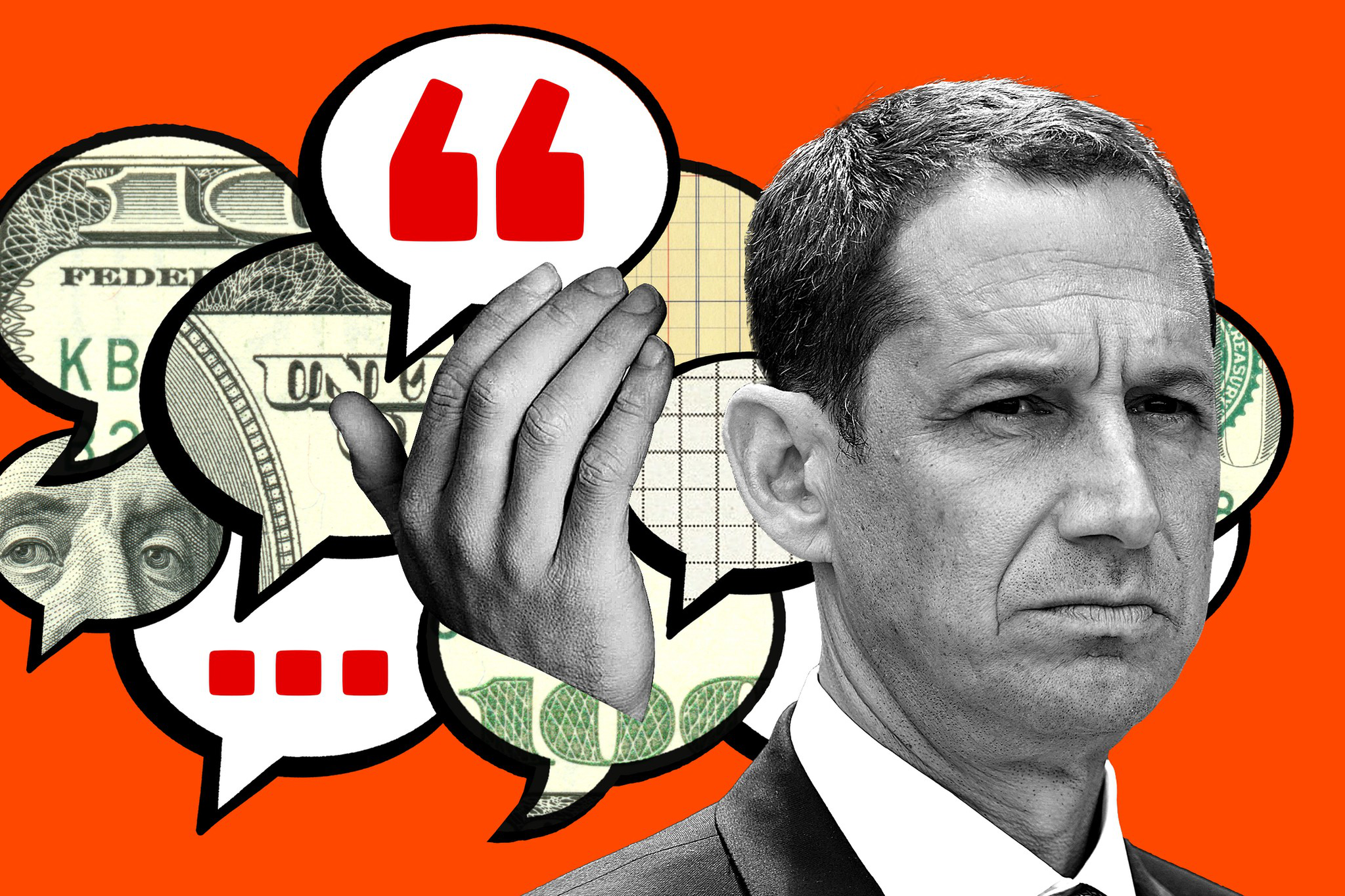 A serious man in a suit is shown alongside a raised hand and speech bubbles filled with dollar bill patterns and red quotation marks on an orange background.