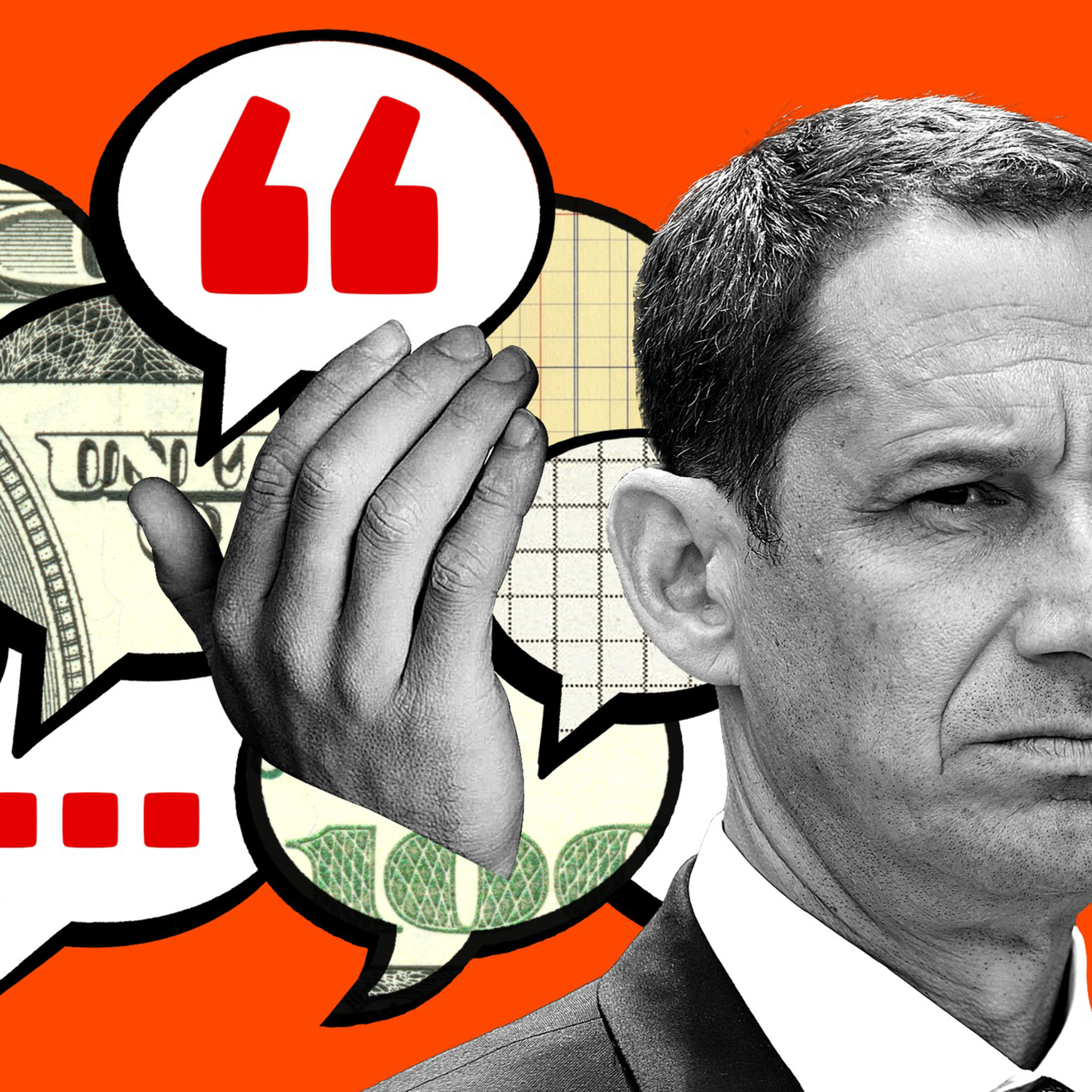 A serious man in a suit is shown alongside a raised hand and speech bubbles filled with dollar bill patterns and red quotation marks on an orange background.