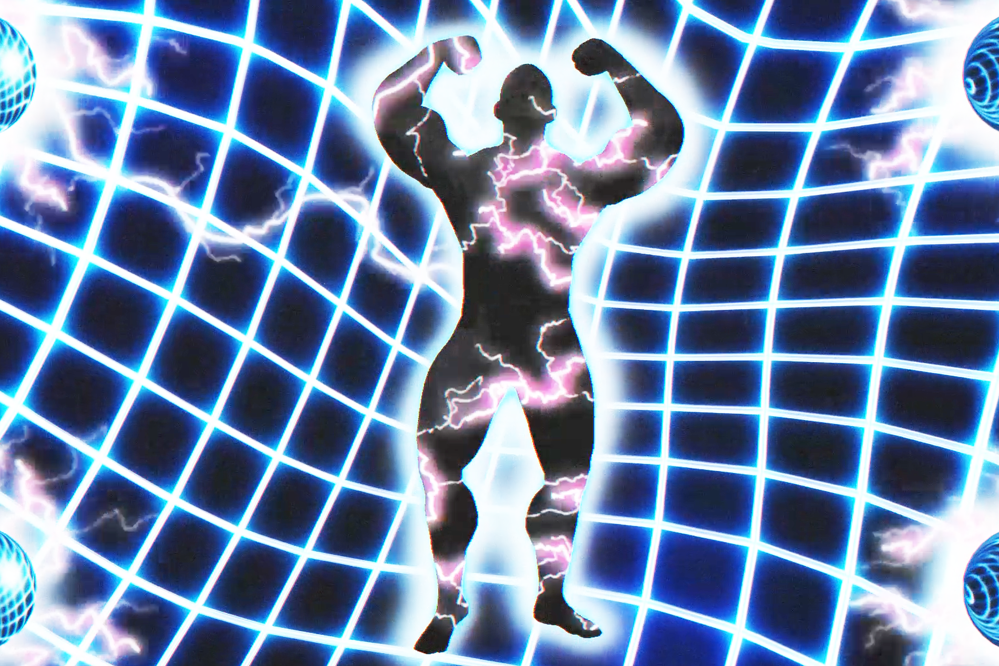 A muscular silhouette flexes arms amid a glowing blue grid with pink lightning streaks and floating spherical objects.