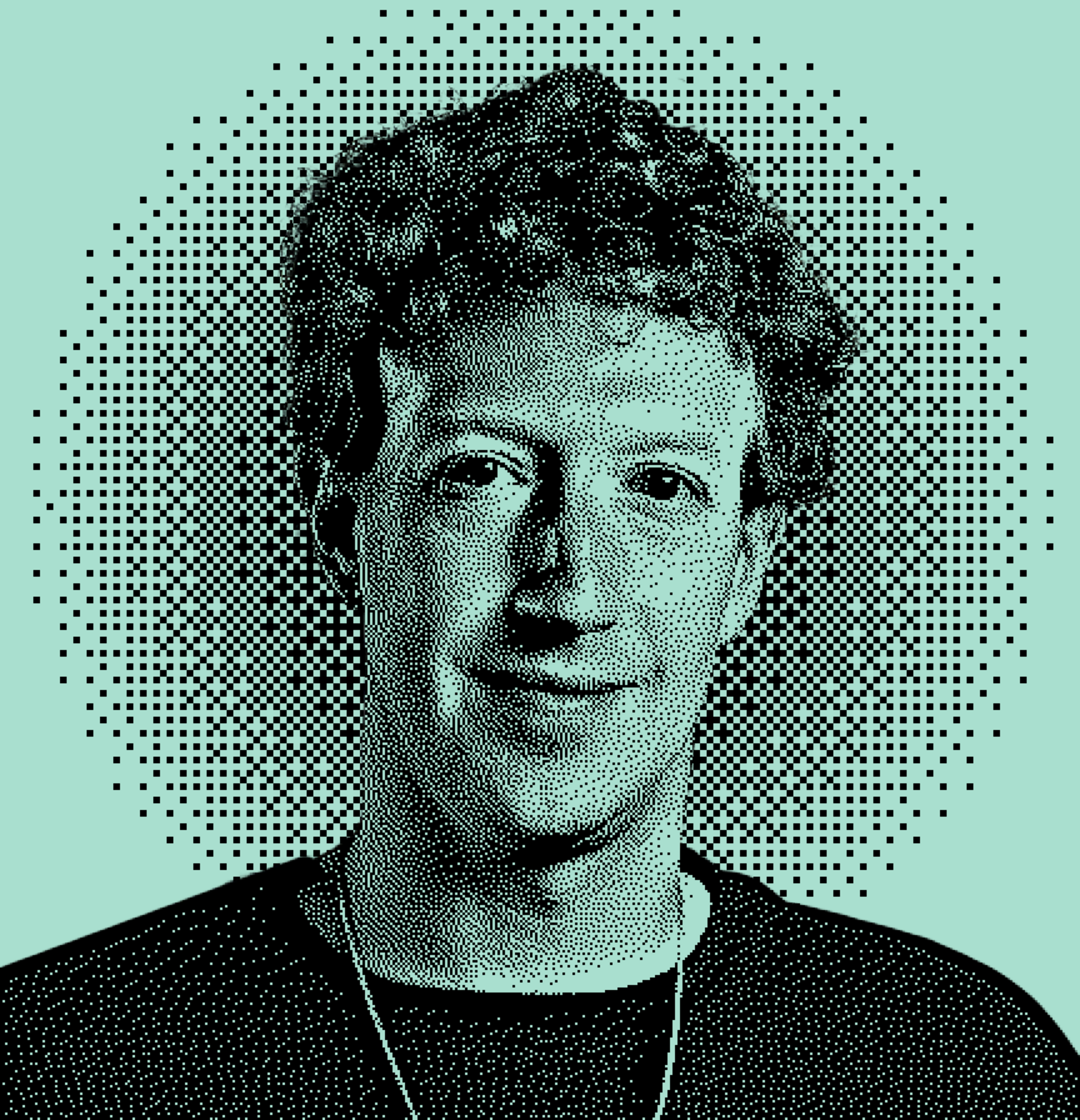 The image features a digitally stylized portrait of a person, with a dot pattern effect on a green background, creating a modern, artistic look.