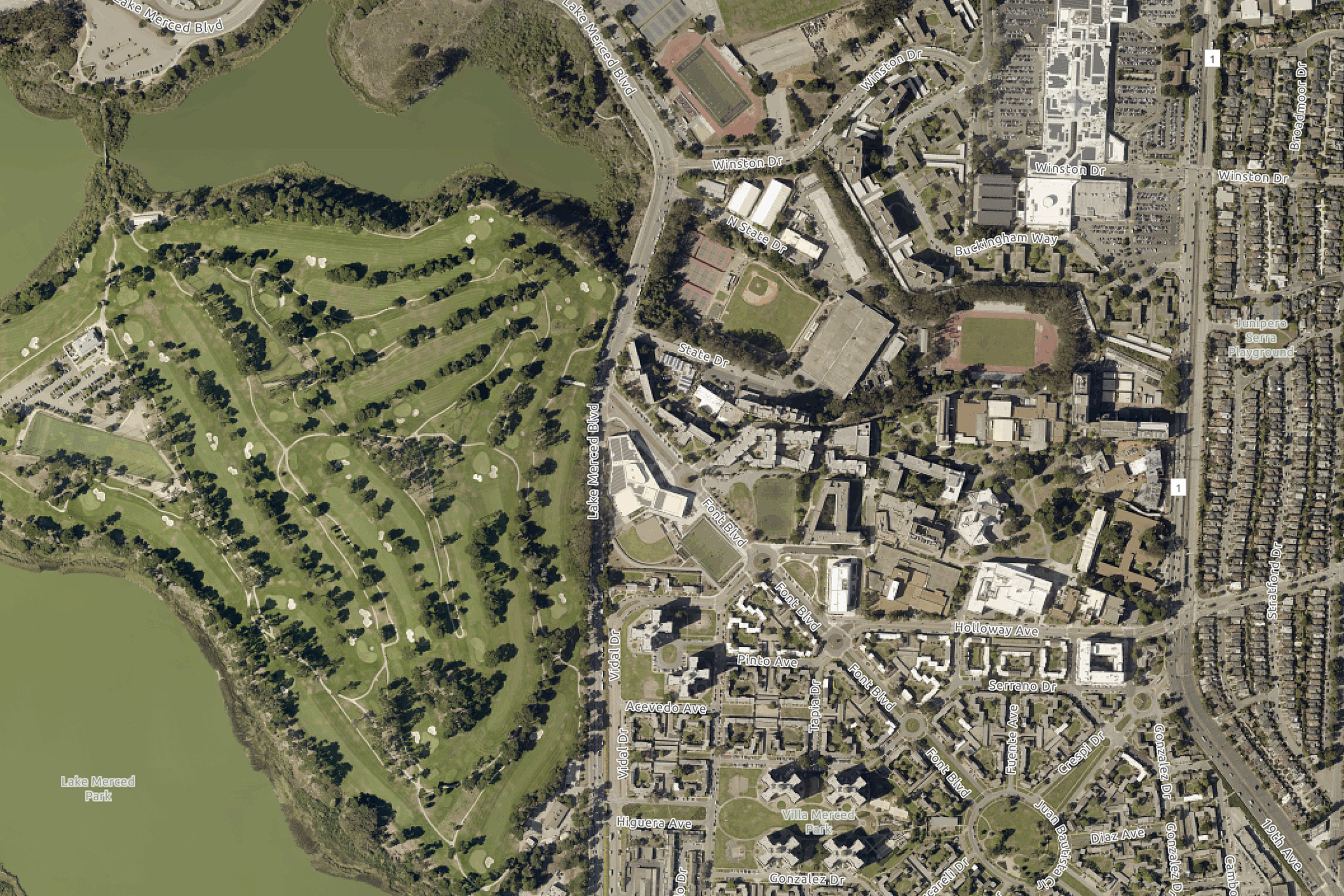 An aerial view of the Lake Merced Golf Course and surrounding residential neighborhoods in San Francisco in 2022.