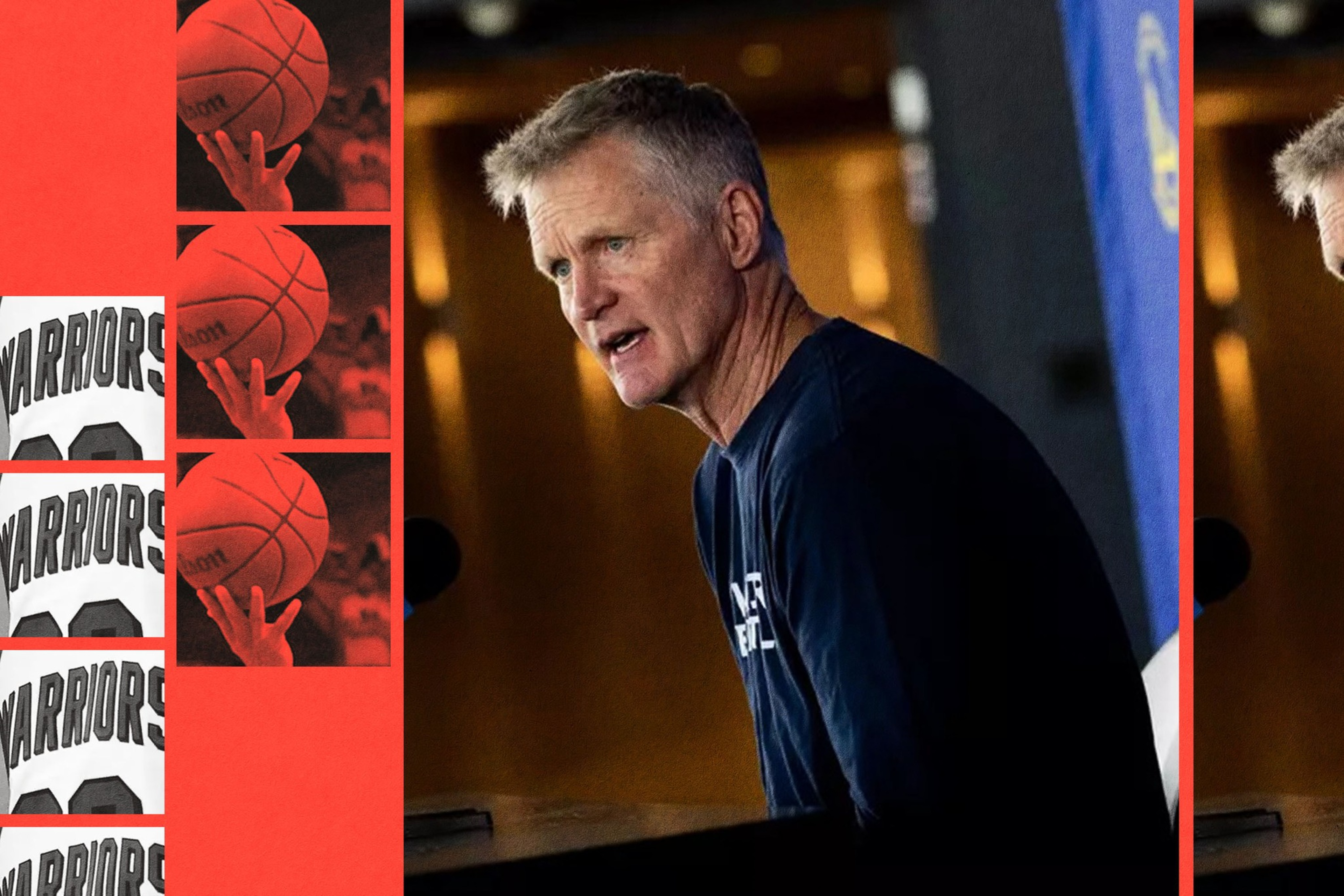 A man with short gray hair wearing a dark shirt speaks at a basketball press conference, with images of a basketball and "Warriors" jersey on the side.