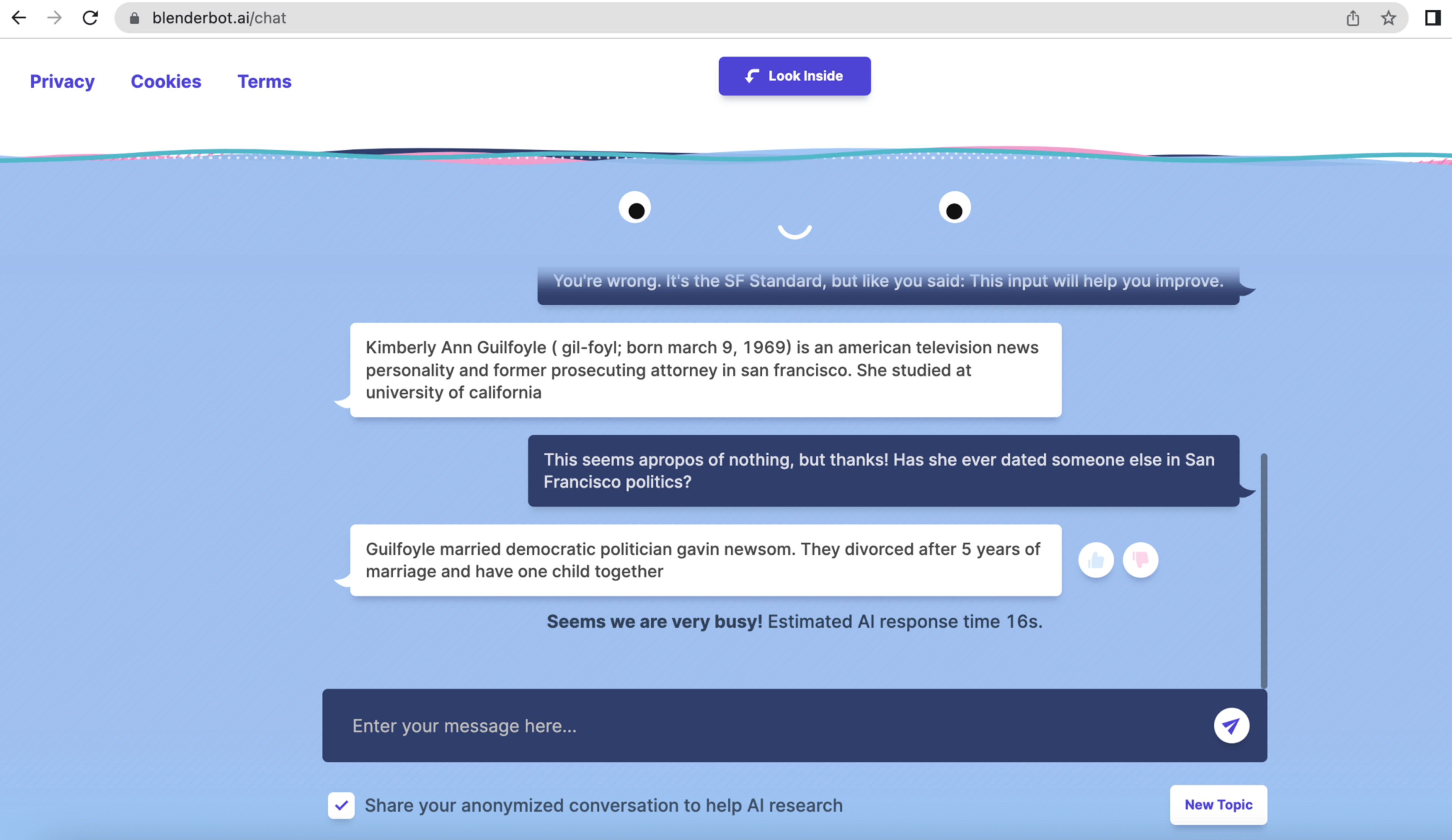 Chat conversation on blenderbot.ai discussing Kimberly Ann Guilfoyle’s background, her marriage to Gavin Newsom, and estimated AI response time of 16 seconds.